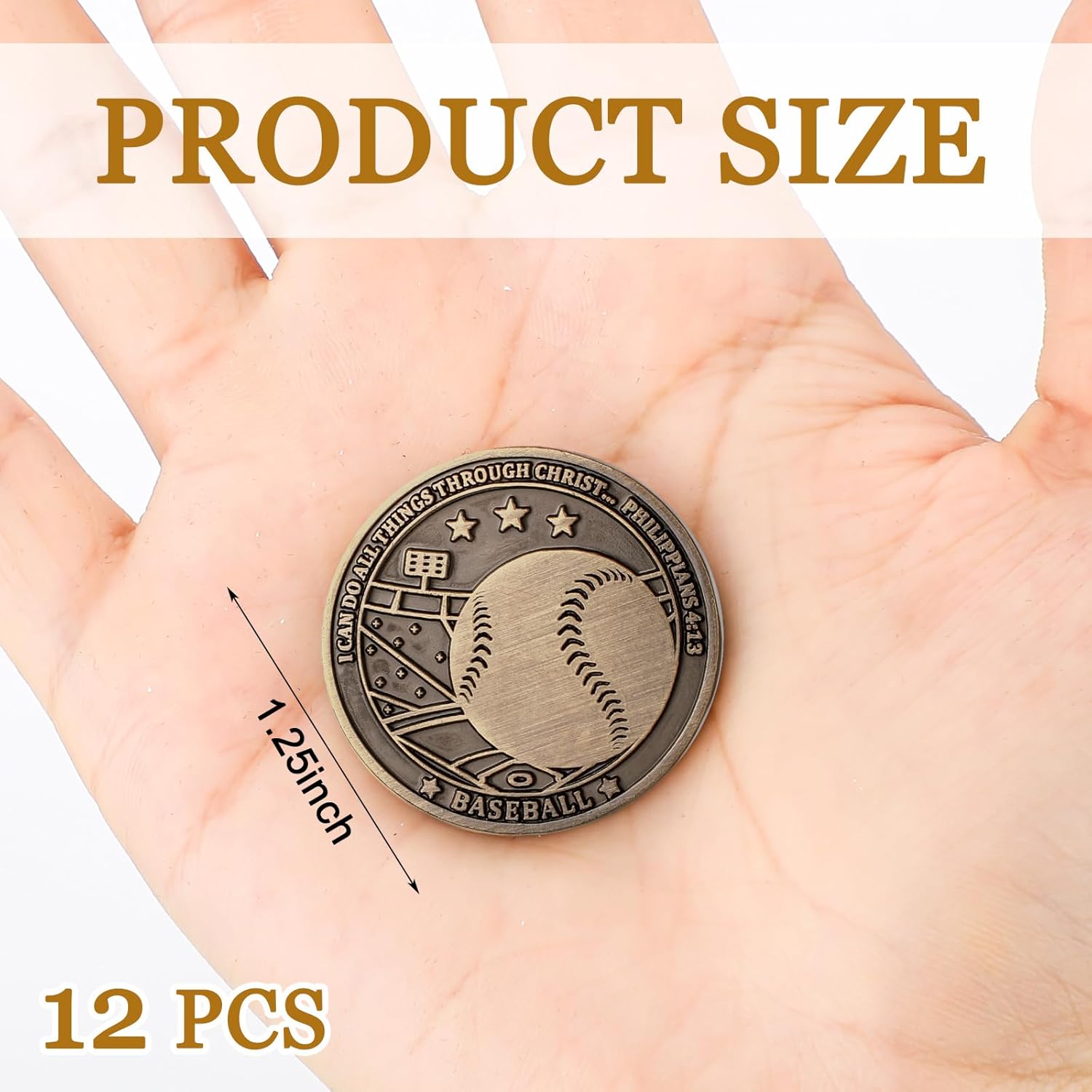 12pcs Christian Sport Coin for Young Athlete I Can Do All Things Through Christ Who Gives Me Strength Bulk Gift for Player Challenge Team Gold Coin Philippians 4:13 (Baseball)
