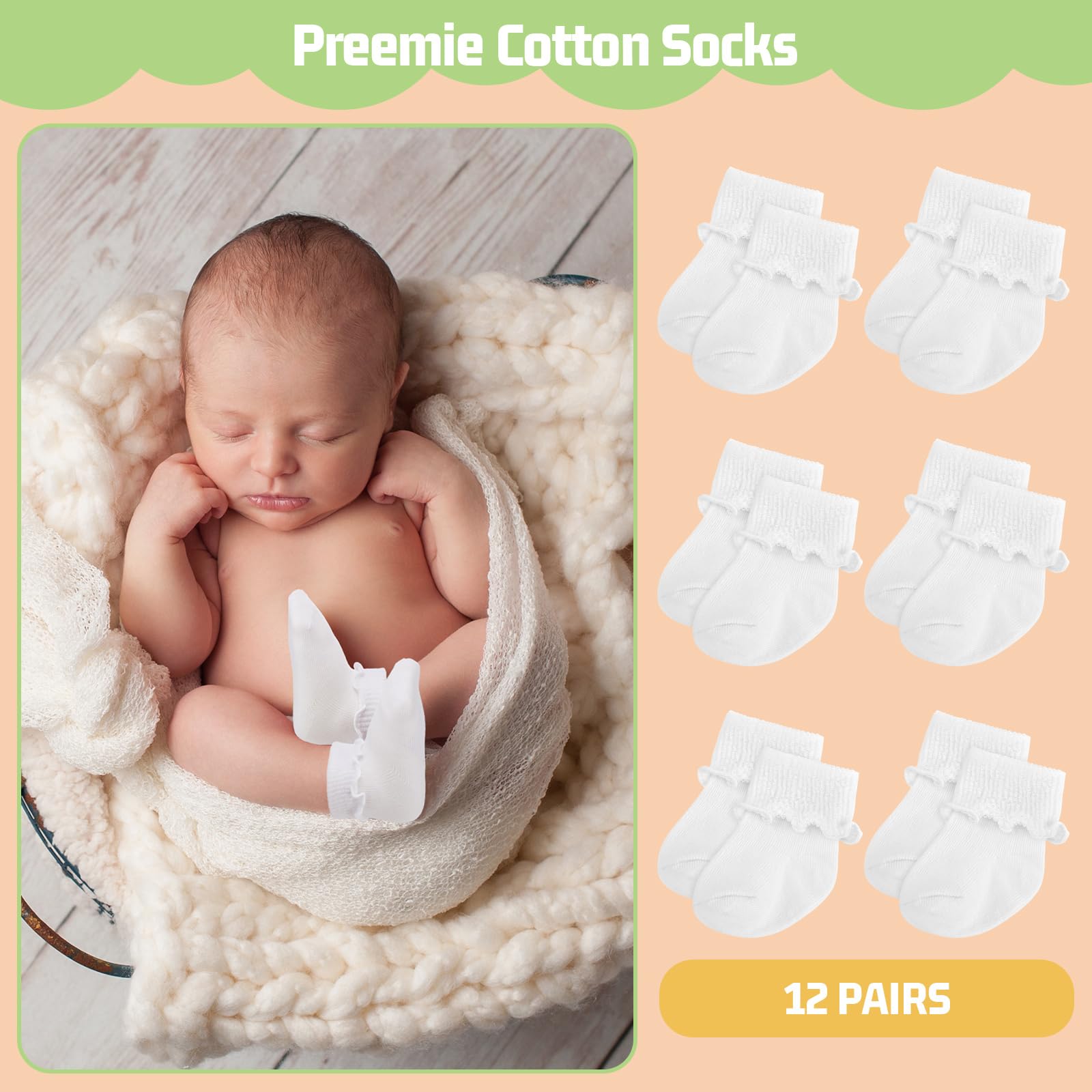 Toulite 12 Paar Preemie Socken Mädchen und Jungen Frühchen Rüschen Socken Preemie Turn Cuff Baumwollsocken Krankenhaus Nicu
