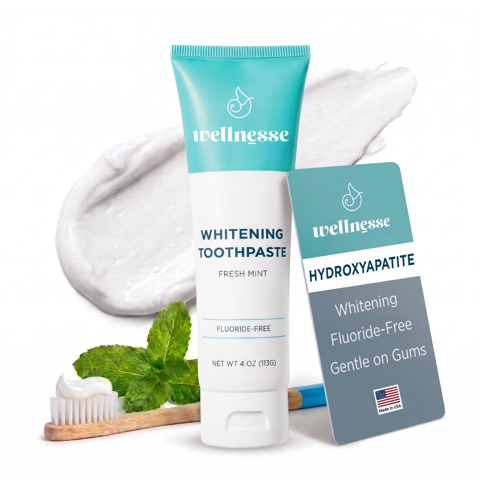 Wellnesse: Pasta dental blanqueadora – menta fresca – 1 tubo, 4 onzas – Limpia los dientes, calma las encías y refresca el aliento – libre de crueldad, sin OMG – sin parabenos, sulfatos, glicerina o