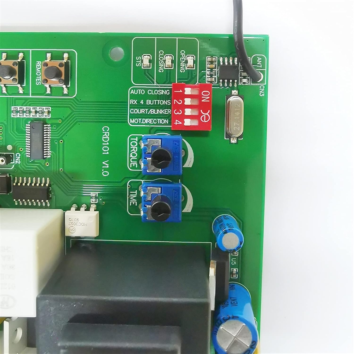 Close-up of DIP switches and potentiometers on the control board