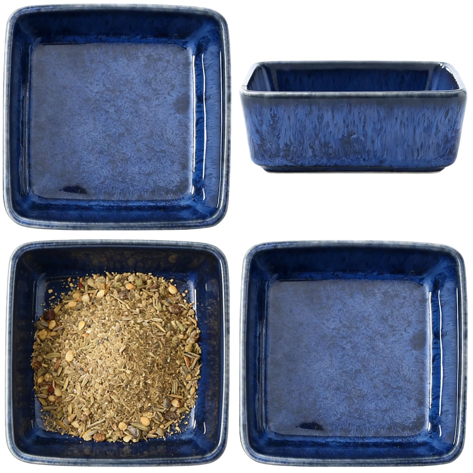 4er-Set Keramik-Saucenschalen, tiefe quadratische Dip-Schälchen in Dunkelblau mit reaktiver Glasur, 9 x 9 x 3,5 cm, 150 ml kleine Vorspeisenteller, Steinzeug für Dips und Saucen