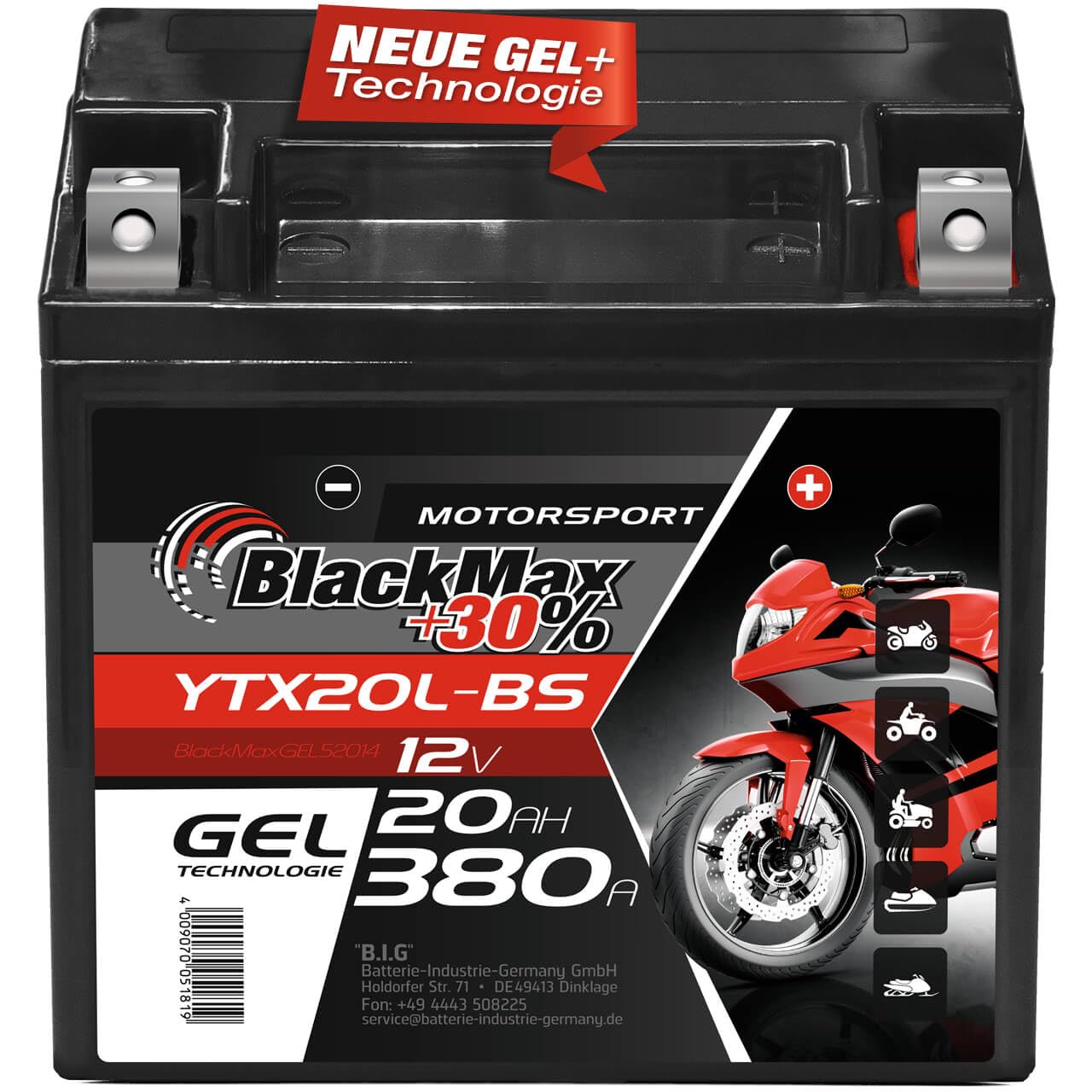BlackMax YTX20L-BS Motorradbatterie GEL 12V 20Ah GTX20L-BS CTX20L-BS Outlander