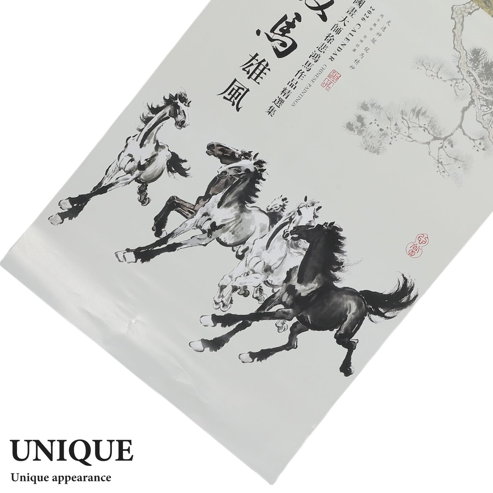 Kalender 2026 – Jahr des Pferdes – Wandkalender mit chinesischer Tuschemalerei zum Mondneujahr und monatlichen Sonnenabschnitten – Traditionelle Hängerolle für Zuhause und Büro