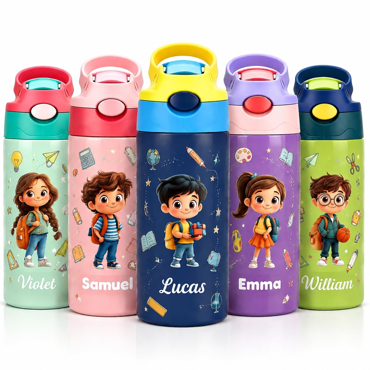 VEELU Personalised Water Bottle for Kids 350ml, Custom Kids Insulated Water Bottles with Name, Stainless Steel Straw, Reusable, Non-Spill, BPA-Free, Back to School Gifts for Girls and Boys (Style 04)