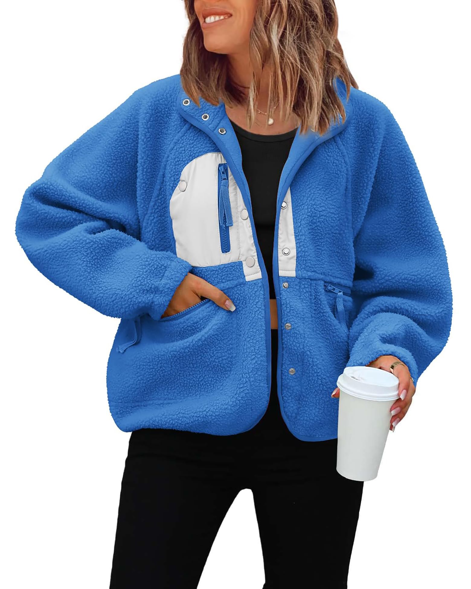 ReachMe Womens Sherpa Jacket Casual Lapel Button Down Cropped Fuzzy Fleece Jackets Long Sleeve Winter Coats with Pockets