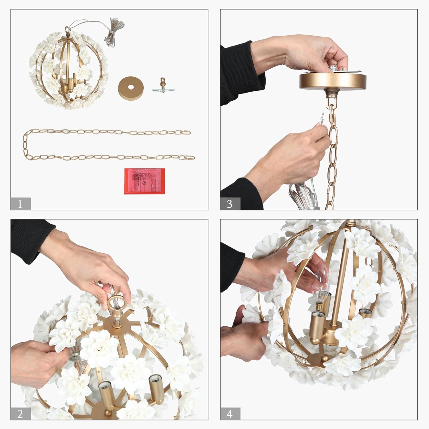 classy leaves Gold Chandeliers, 3 Light Orb Chandelier Ceramic Flower Hanging Pendant Lights Modern Chandelier Light Fixtures for Dining Room, Living Room, Kitchen