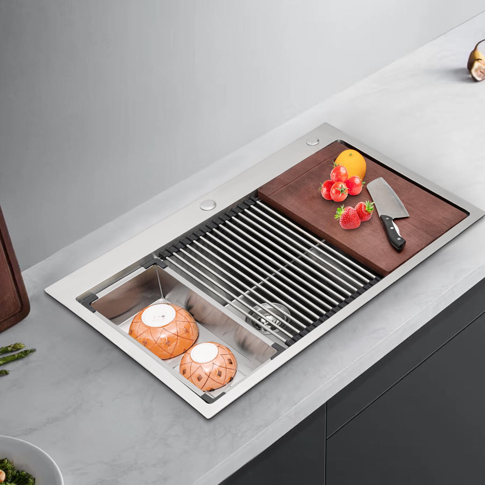 Fregadero de cocina de acero inoxidable empotrable con tabla de cortar y tabla de cortar, 33 pulgadas, fregadero de cocina, estación de trabajo