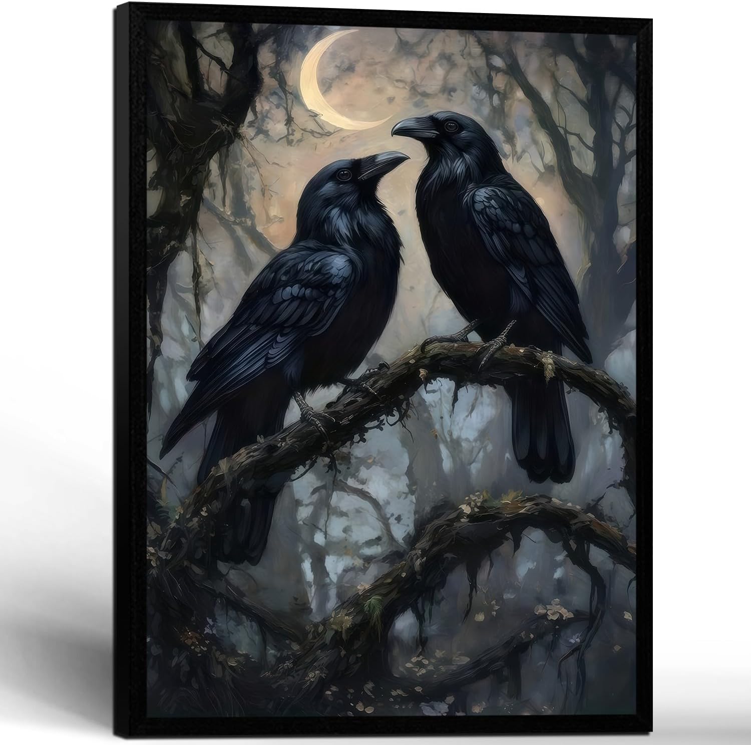 Framed Gothic Canvas Wall Art Raven Poster Print Gothic Bird Picture Moonlight Forest Wall Decor Dark Art Gallery Living Room Bedroom Decor 16x24 Inch Ready to Hang