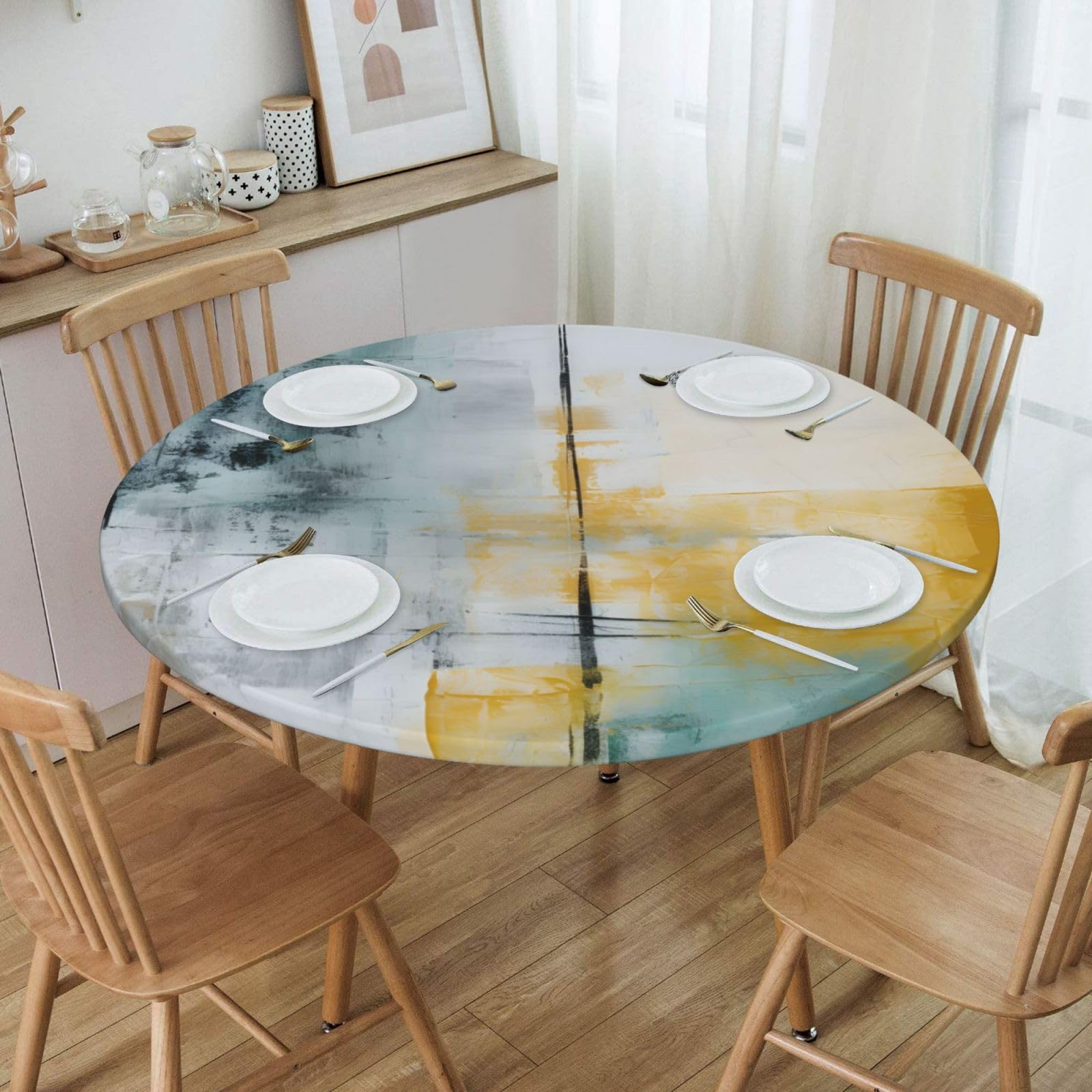 Mexpekil Tovaglia rotonda con bordo elastico, pittura astratta, facile da pulire, impermeabile, protezione per tavolo per esterni, S, adatta per tavoli rotondi da 101 a 111 cm