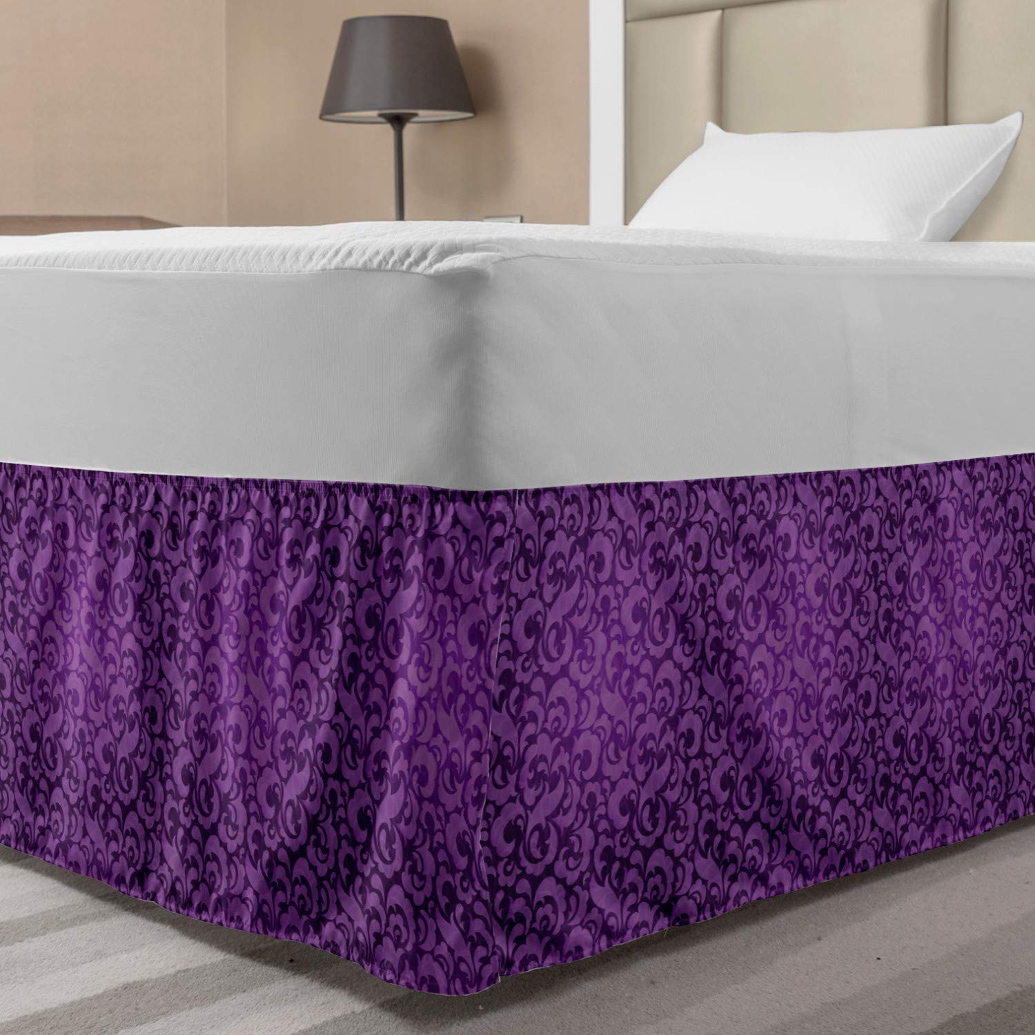 Lunarable Violet Bedskirt Vintage Inspired Ornamental Antique Motifs Baroque Leaf Silhouettes Floral Bedroom Decor Wrap Around Elastic Bed