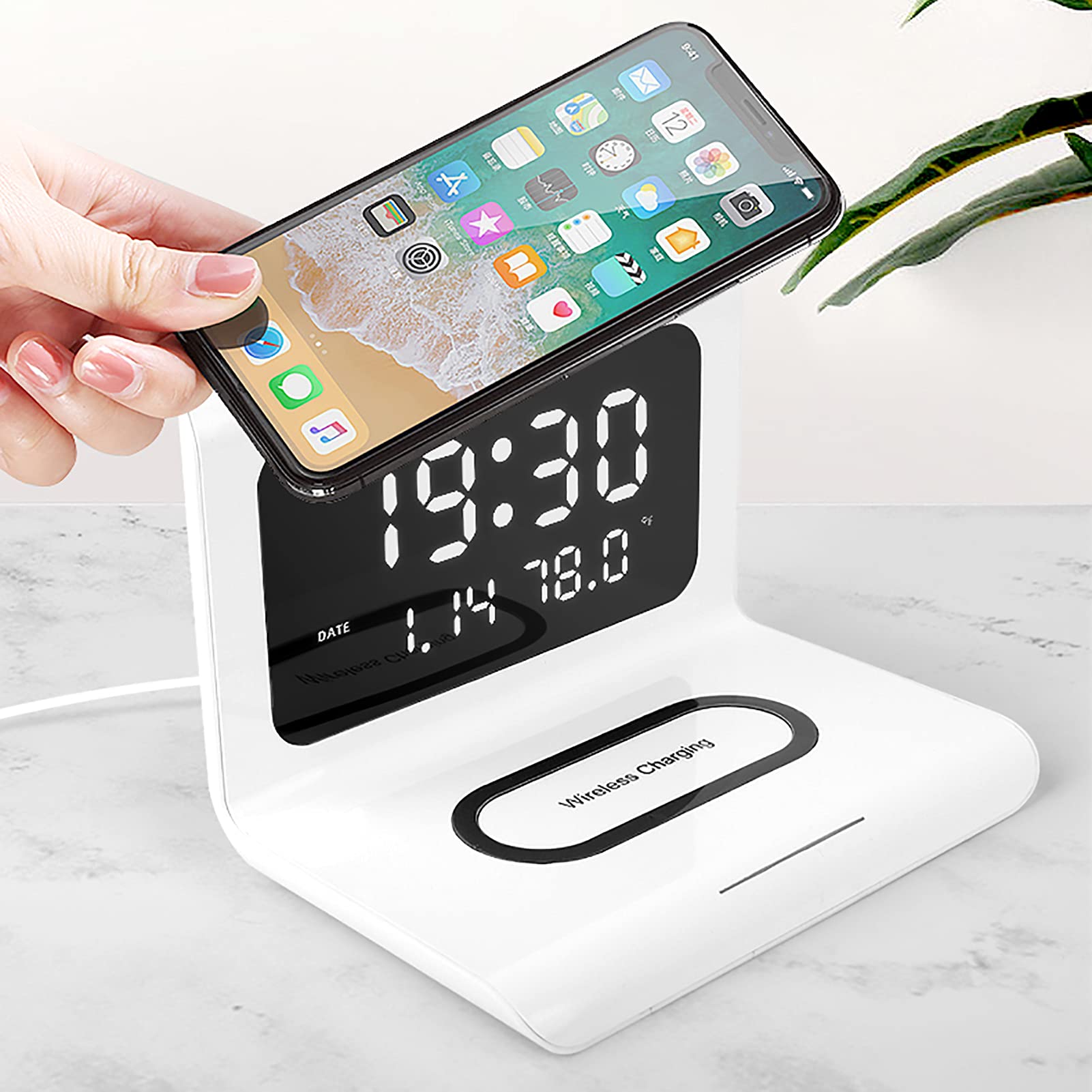 Reloj Despertador Cargador inalámbrico Pantalla LED Reloj Digital con Fecha Calendario Temperatura para el hogar Pantalla LED Grande(Blanco)