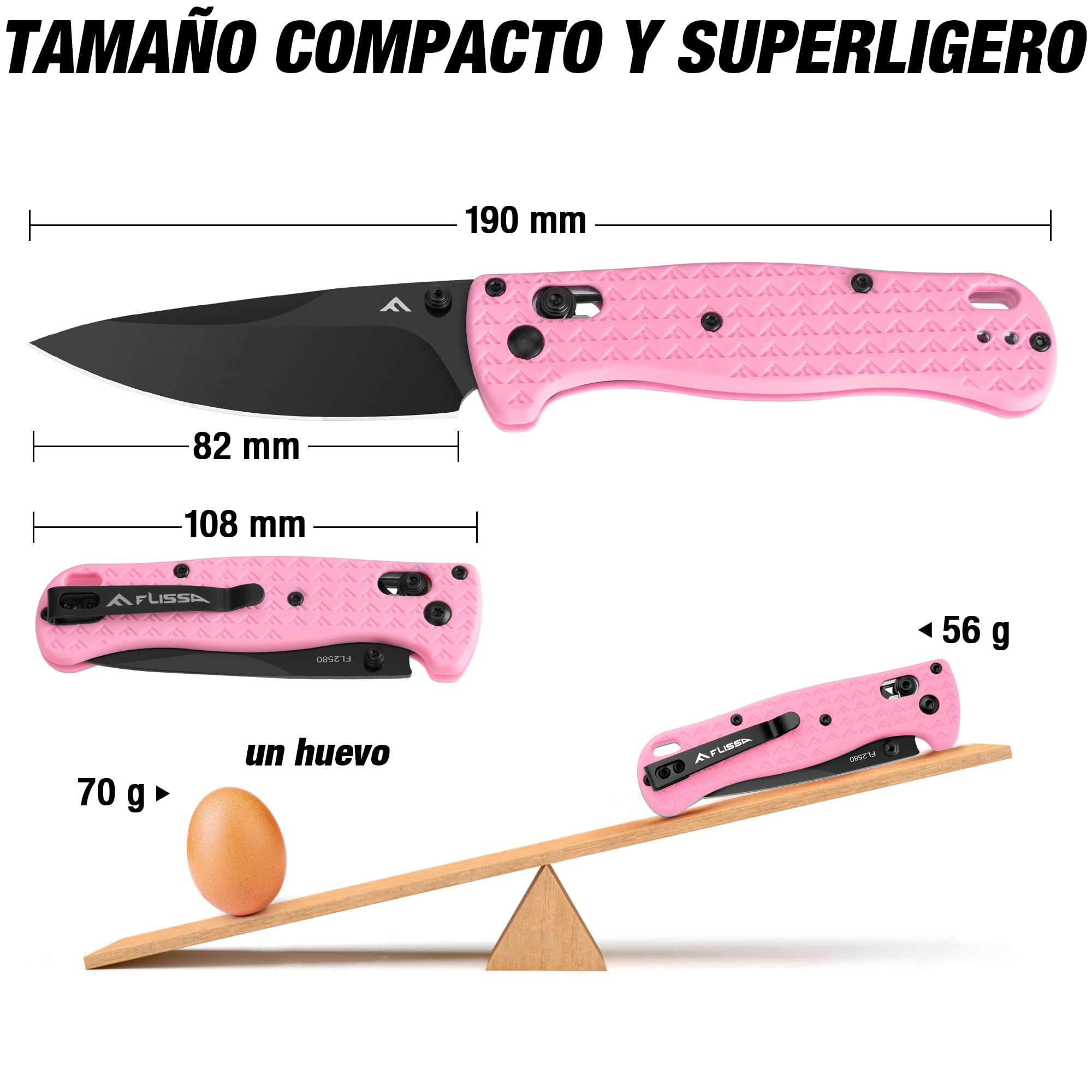 FLISSA Navaja Plegable EDC de 190mm, Navaja de Bolsillo de Acero 14C28N con Recubrimiento de Titanio Negro, Cuchillo Plegable Ligero y Compacto para Camping, Senderismo, Aventura y Viaje, Rosa