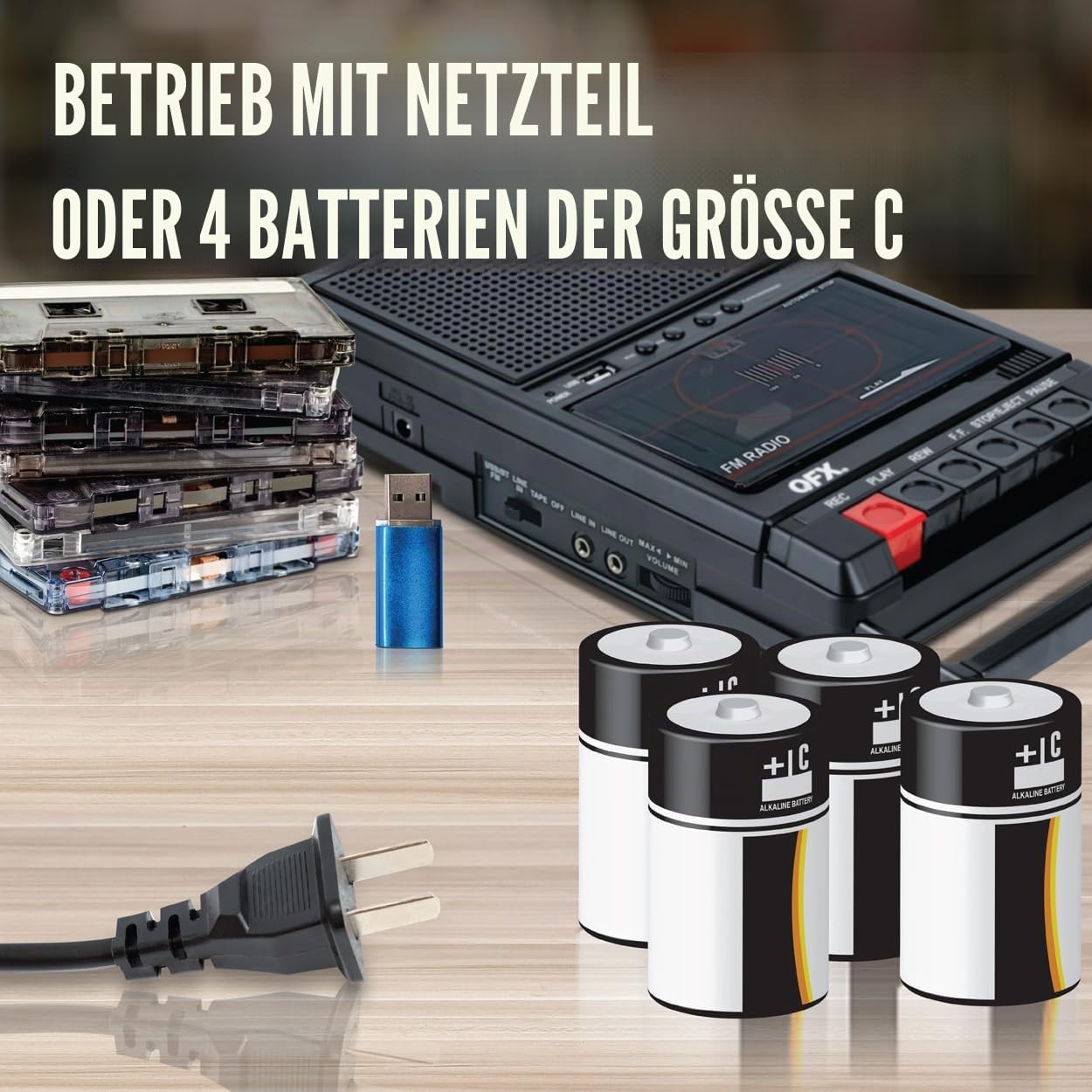 QFX RETRO-39 Tragbarer Schuhkarton, USB-auf-Kassettenrekorder, analoges Kassetten-Deck mit integriertem Mikrofon, 8,9 cm Bluetooth-Lautsprecher mit FM-Radio