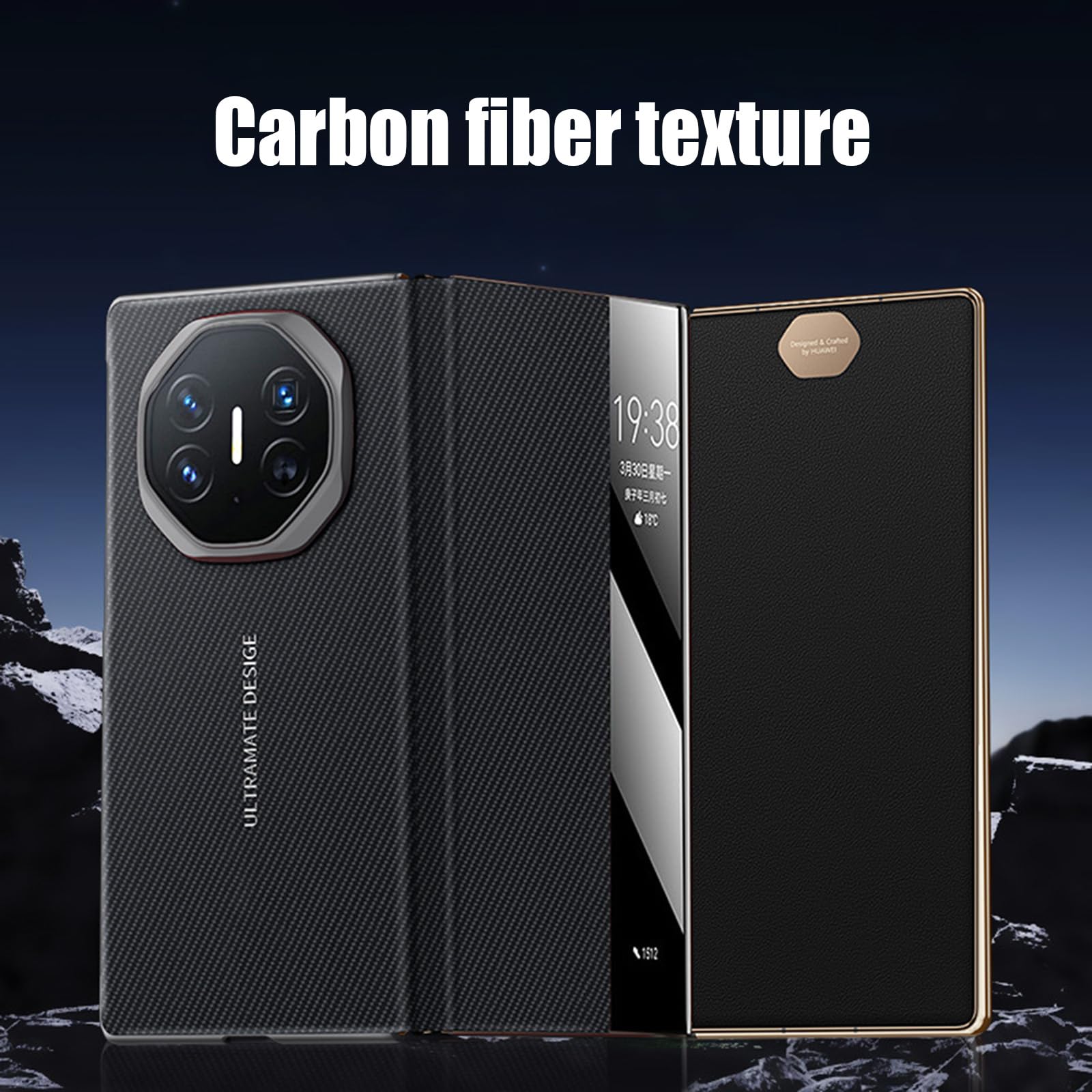 Magnetyczne etui do Huawei Mate XT, funkcja inteligentnego widoku okna z klapką tekstura włókna węglowego minimalistyczne skórzane etui czarne