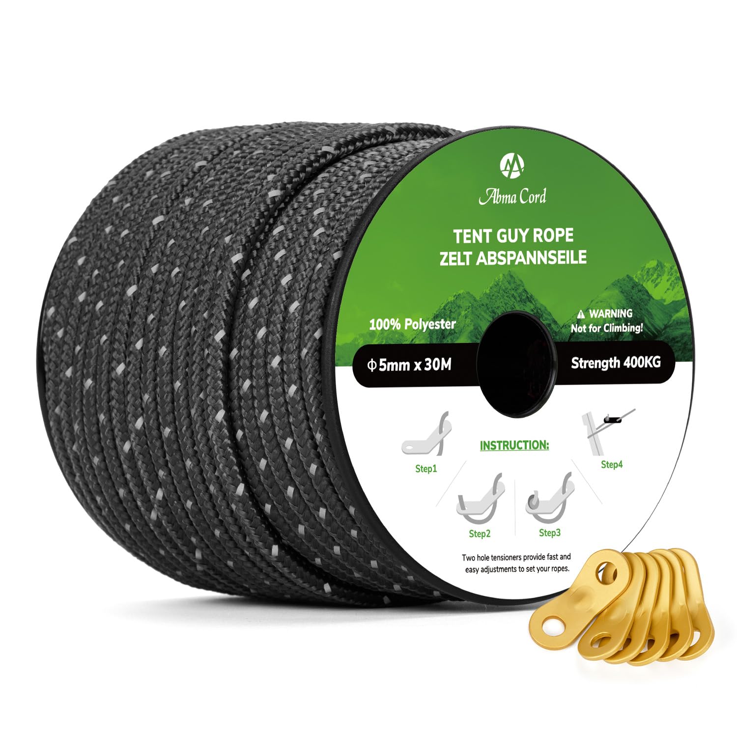 Abma Cord Linka Namiotowa 5mm 30M Sznurek Napinający 6 Szt Napinacze Wytrzymała Linka Prowadząca do Kemping, Markiza, Altanę, Plandekowych - Odblaskowy czarny | Odblaskowy, namiot, kemping, pawilony, markiza, plandeka, wędrówki z plecakiem