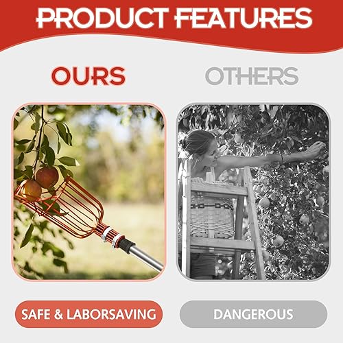 Miniatura 4 de Gisafai Recolector de frutas de 8 pies con cesta telescópica de 26 a 104 pulgadas, recolector de frutas ajustable de acero inoxidable con cesta