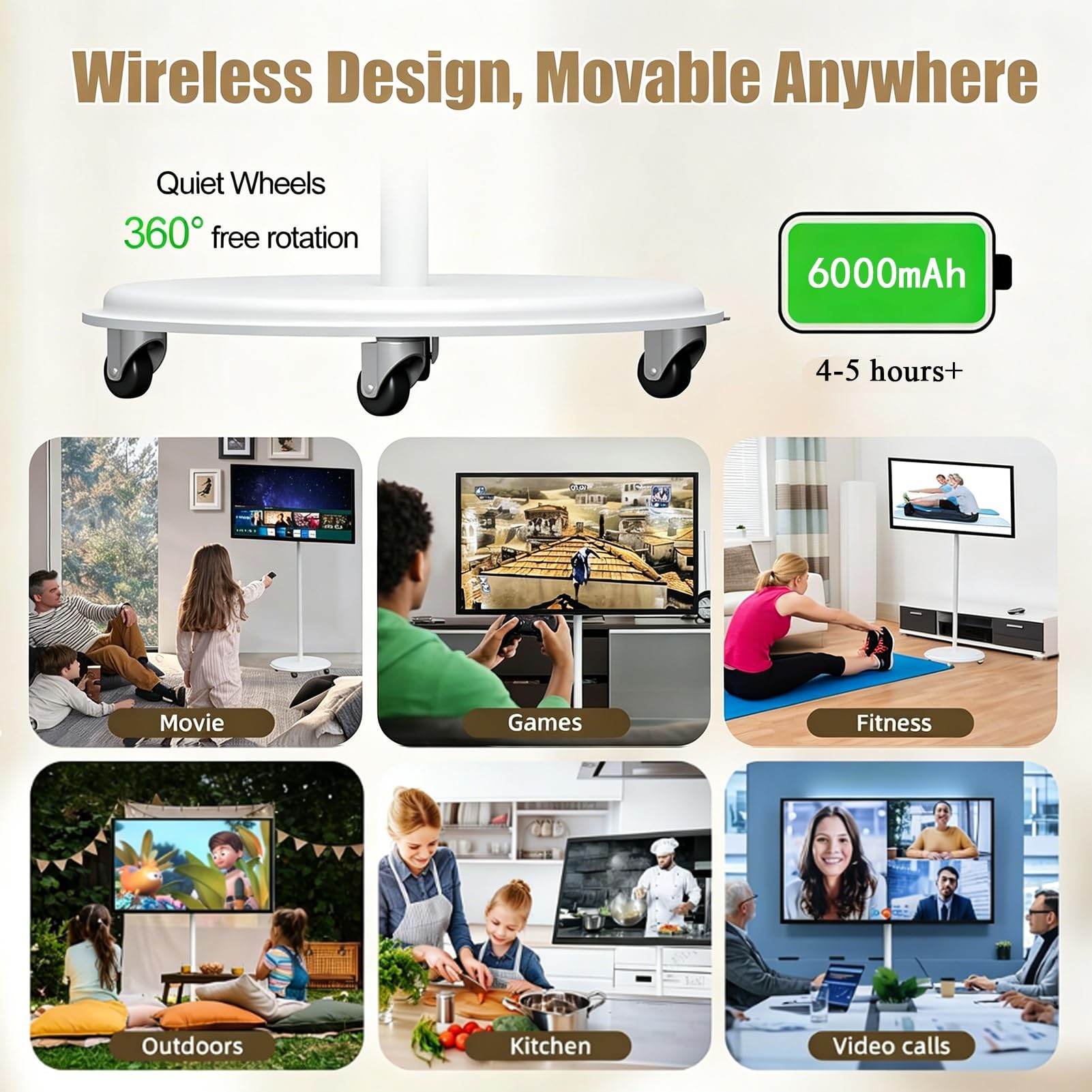 21,5 Pollici TV Portatile con Piedistallo,Monitor Touchscreen con Ruote,Display All-In-One con Inclinazione e Rotazione,Batteria Integrata 5 Ore per Soggiorno,Camera da Letto,Ufficio Domestico