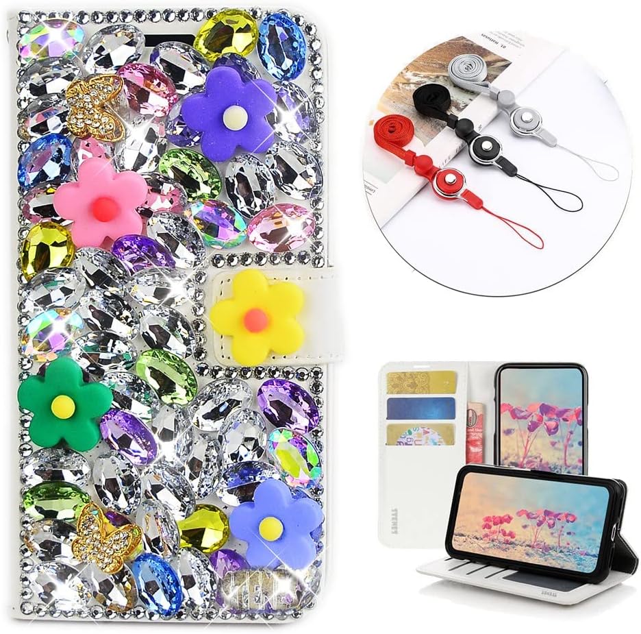 STENES Bling Wallet Phone Case Compatible with OnePlus 8 - Stylish - 3D Handmade Floral Butterfly Glitter Magnetic Wallet Leather Cover with Neck Strap Lanyard [3 Pack] - Colorful