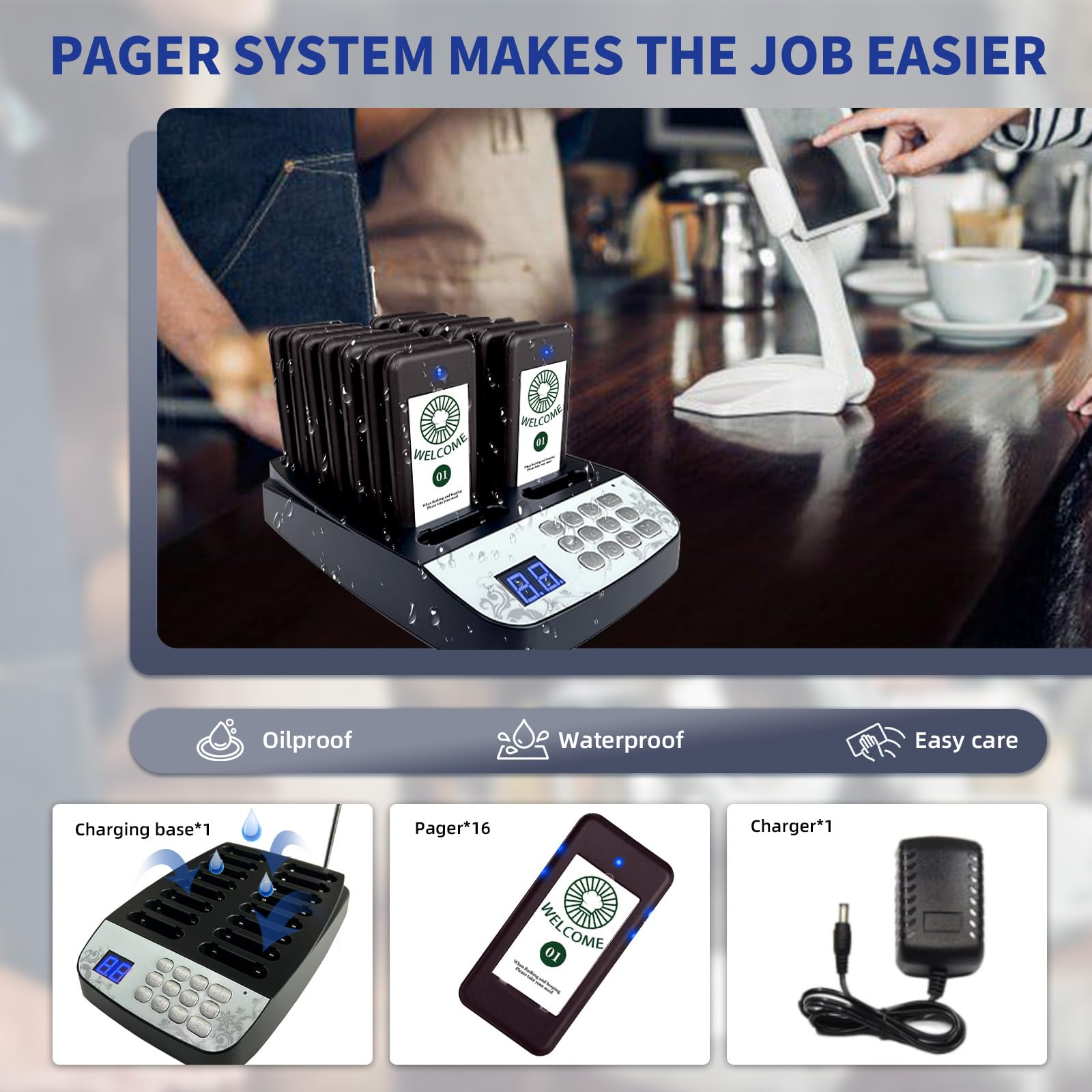 Pager Rufsystem, 500M Restaurant Pager System, 16 Pager und Summer mit Vibrations-, Blink- und Piepton-Alarmen für Restaurants, Imbisswagen, Kirchenkindergärten, Cafés