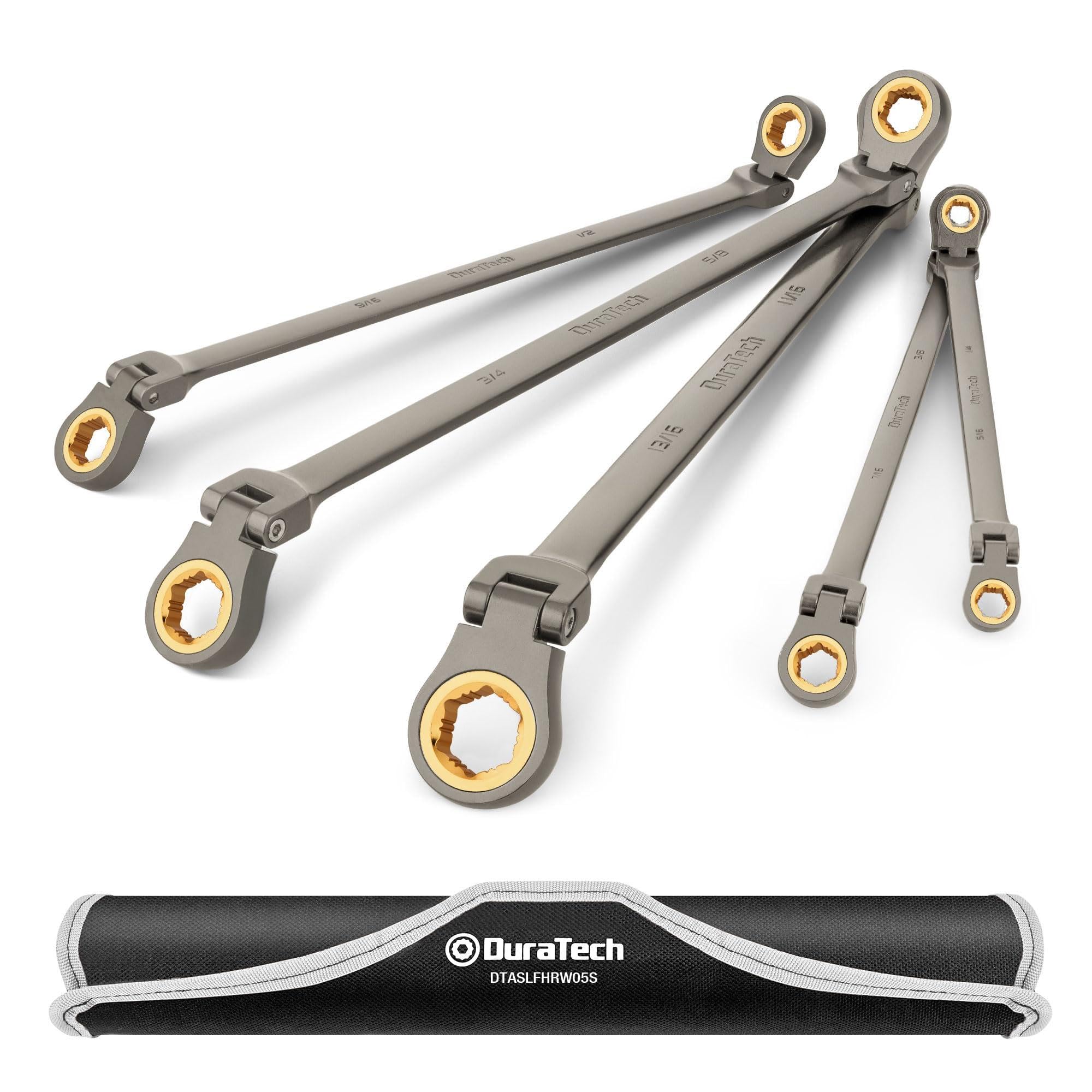 DURATECH Extra Long Anti-Slip Flex-Head Ratcheting Wrench Set, 5-Piece, SAE
