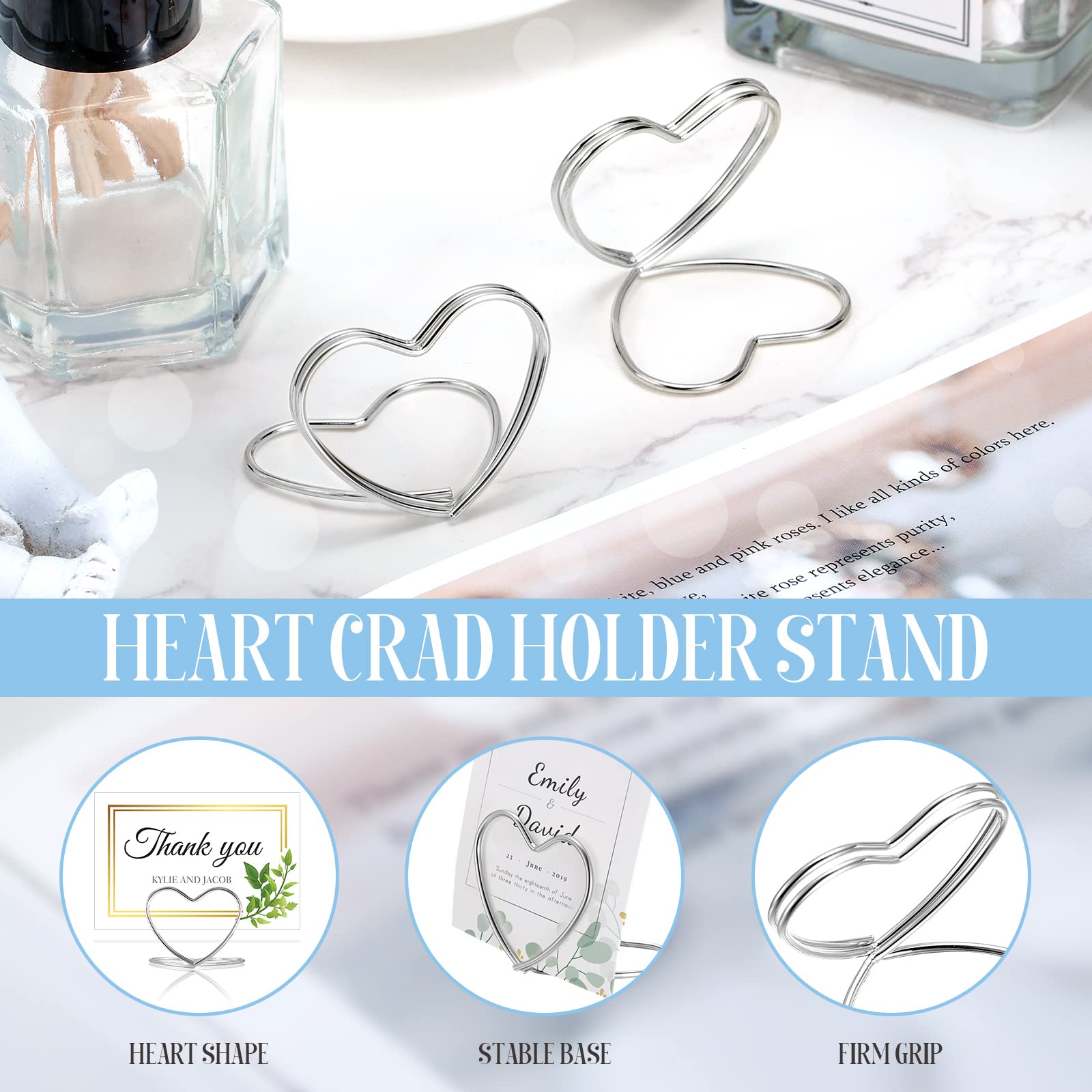 Moxweyeni 20 Pcs Wedding Place Card Holders for Table Heart Wedding Table Number Holders Mini Picture Photo Stands for Bridal Shower Party(Silver)