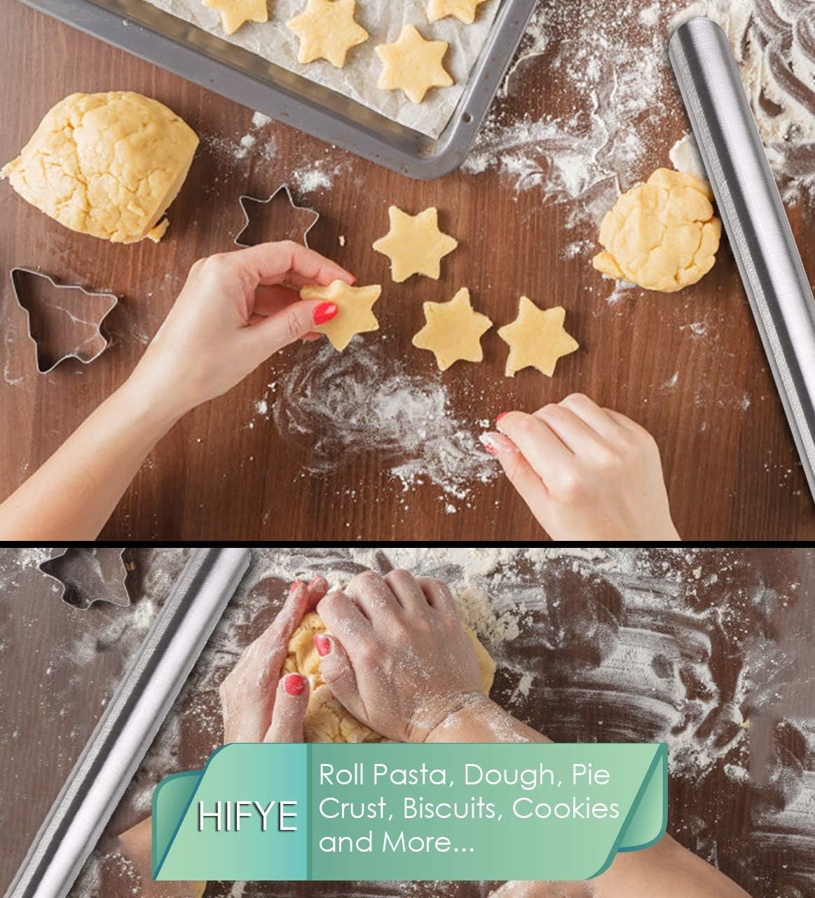 French Metal Baking Rolling Pin - 16" Stainless Steel Smooth, Light Weight Non-stick Dough Roller for Italian Bread, Pizza Crust, Cookie & Pastry by HIFYE