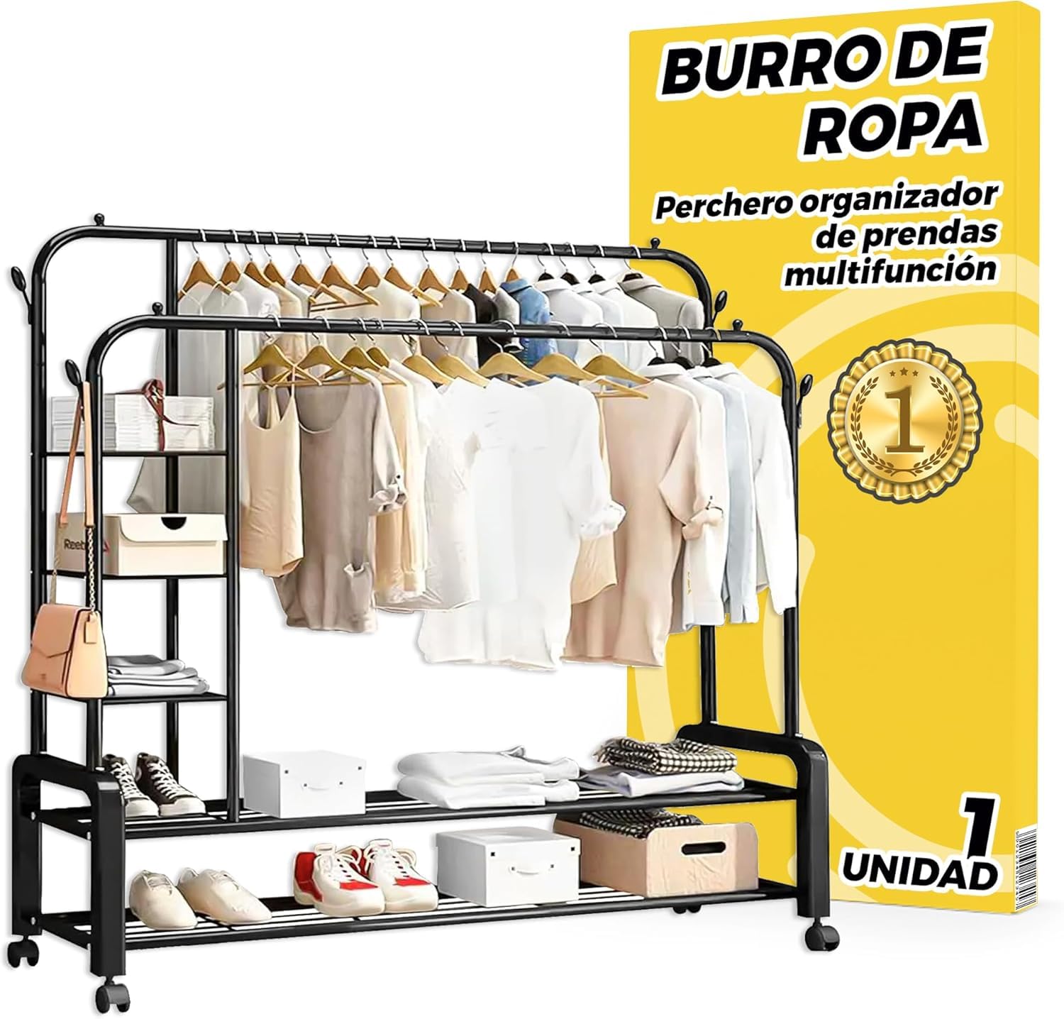Burro de Ropa Resistente 150 cm con Doble Barra y Zapatero - Perchero de Pie con Ruedas 360 Armario Abierto Multifunción para Vestidor y Dormitorio Antideformación - Acero Negro
