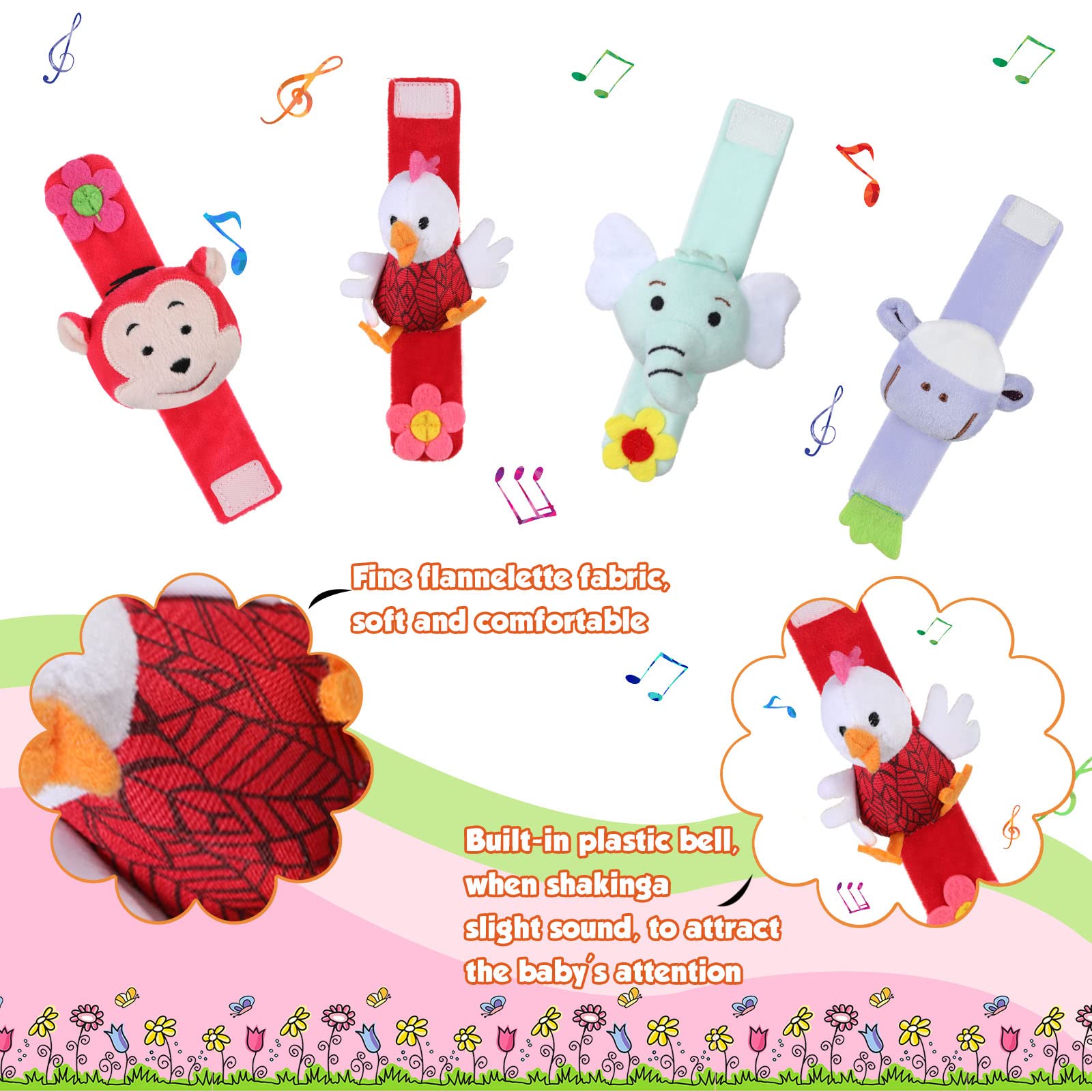 4 piezas de sonajeros de muñeca con patrón de animales para recién nacidos, juguete para bebés de 0 a 12 meses, regalos de cumpleaños, juguetes educativos, 4 diseños (oveja, perro, pollo, mono) 3