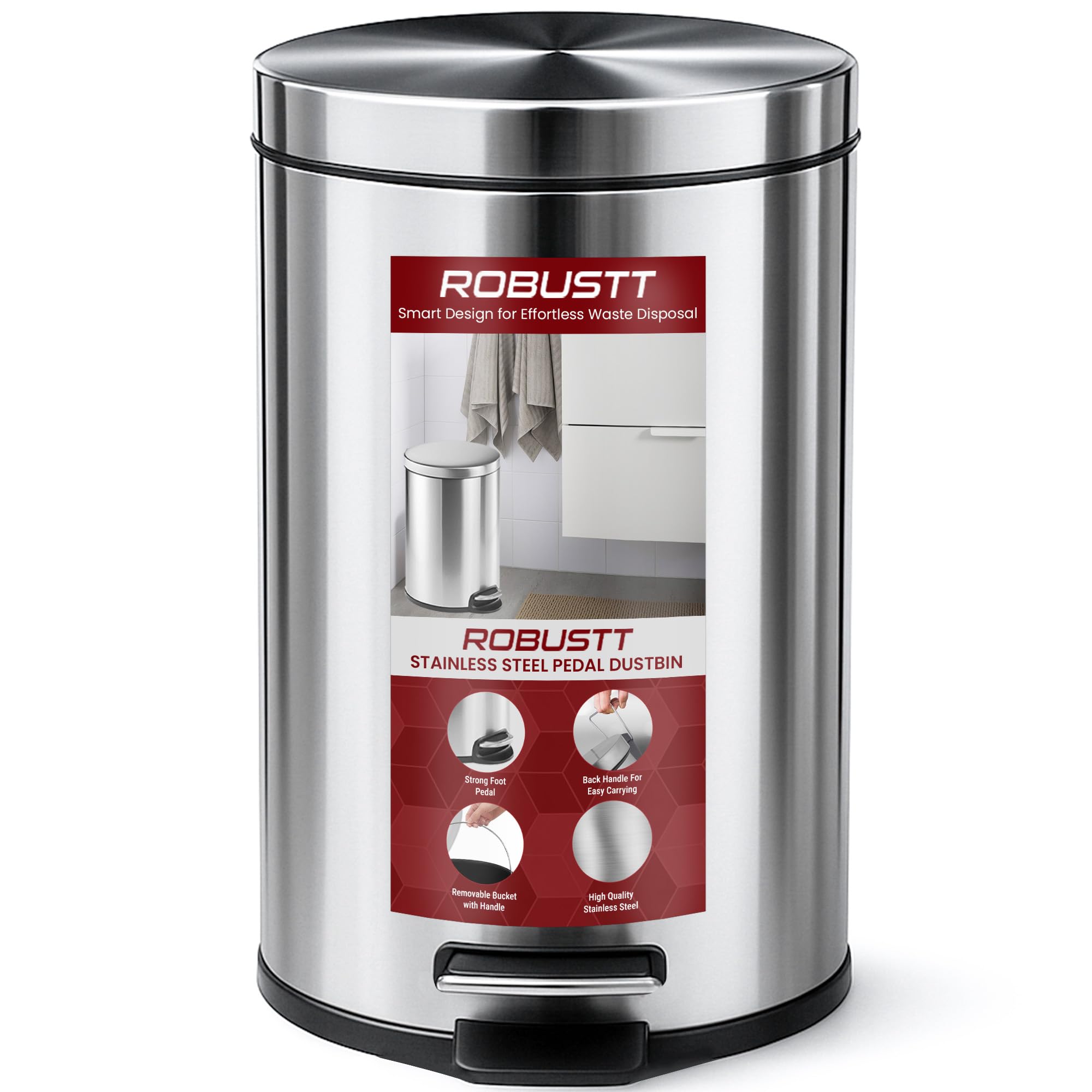 Robustt Dustbin with Pedal - 5L | Silver Stainless Steel trash can | 7 Inch (W) x 10 Inch (H) | Small Trash Can for Bathroom, Bedroom, Toilet, and Kitchen � Durable & Corrosion-Resistant - Pack of 1
