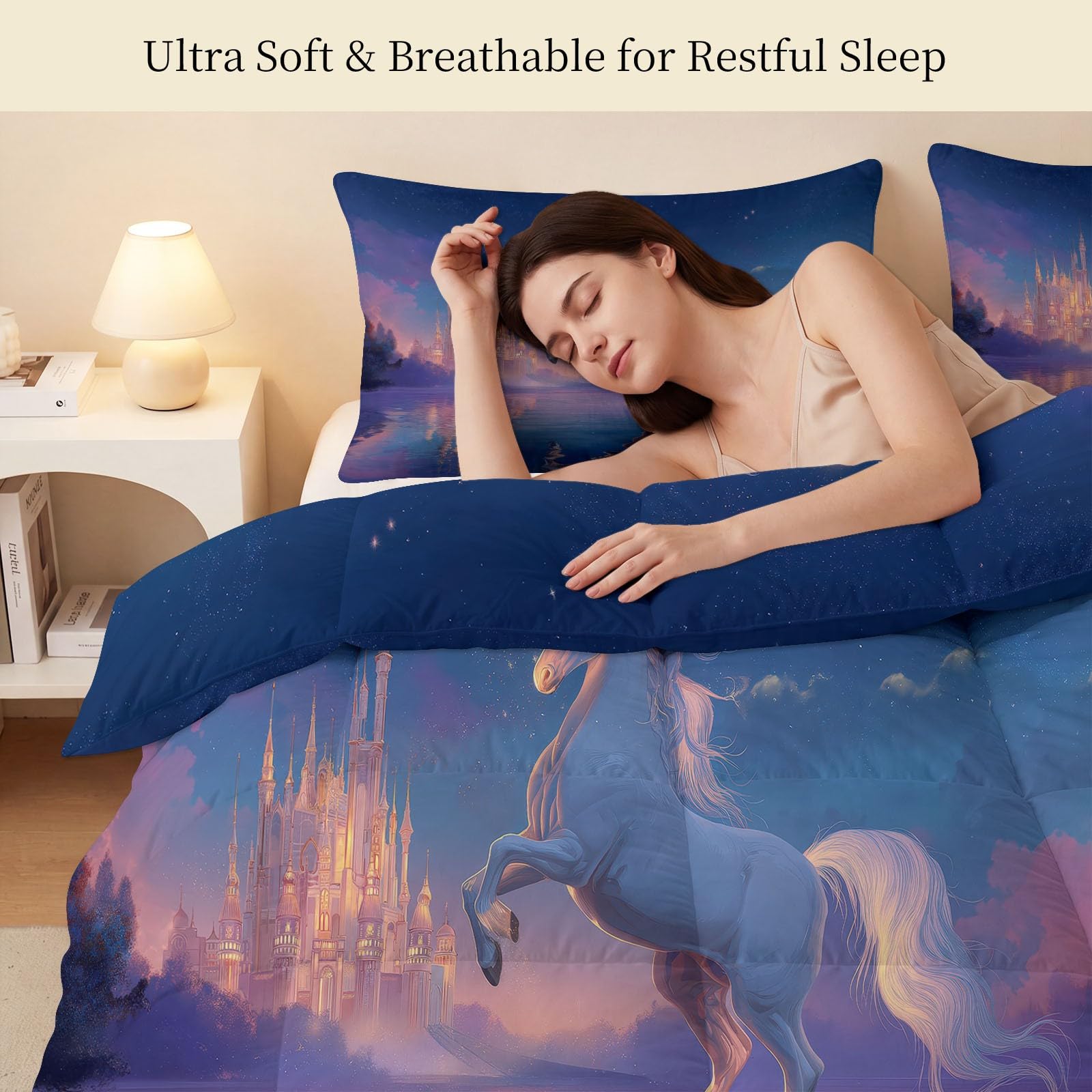 Coverless - Edredón de 7,5 tog de 135 x 200 cm, diseño de castillo de unicornio, cielo estrellado, individual, juego de edredón y funda de almohada de dibujos animados de fantasía supersuave, diseños