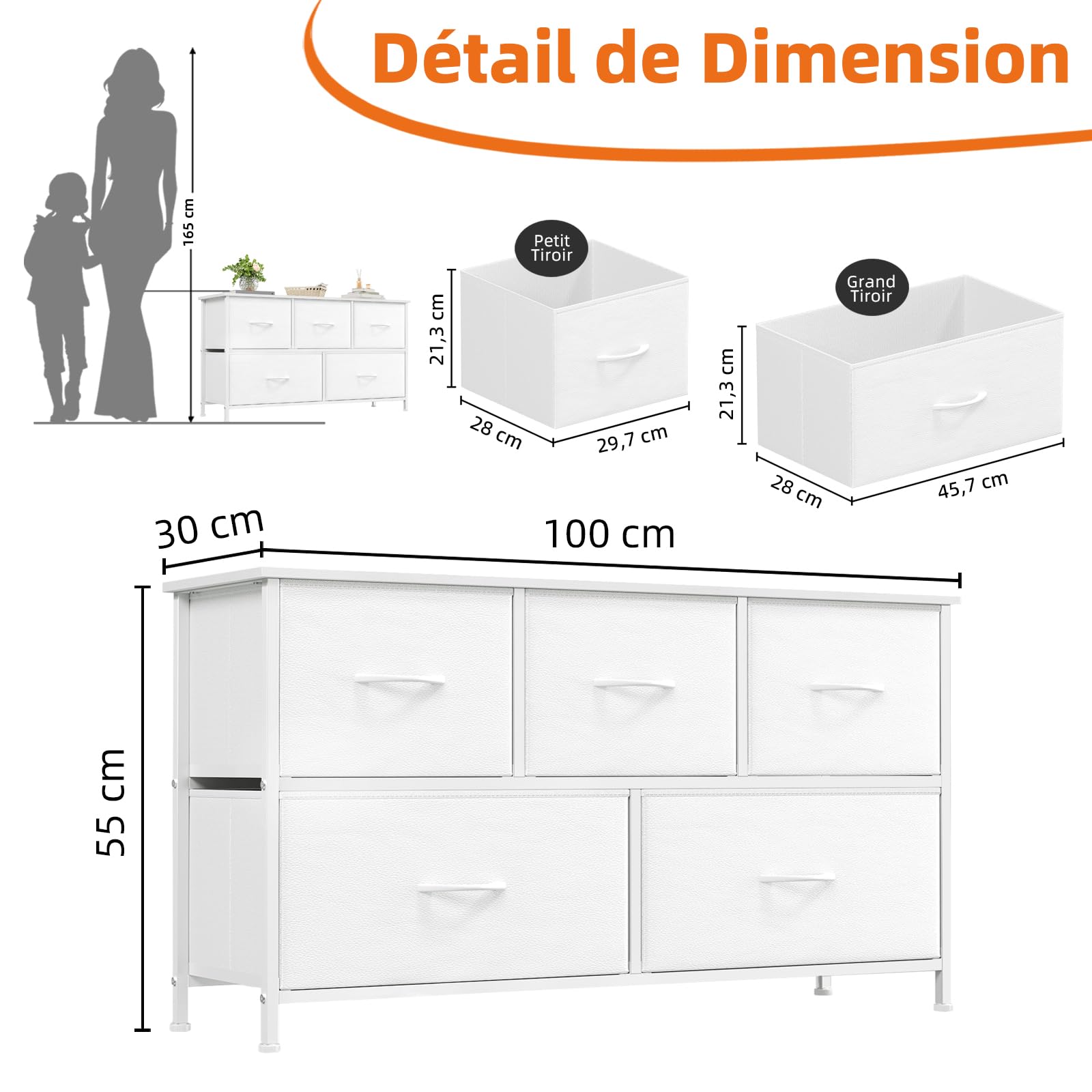 Somdot Commode Chambre, Commode en Tissu avec Cadre en Acier, Meuble de Rangement pour Salon Couloir Entrée, 30P x 100L x 55H (5 Tiroirs), Blanc