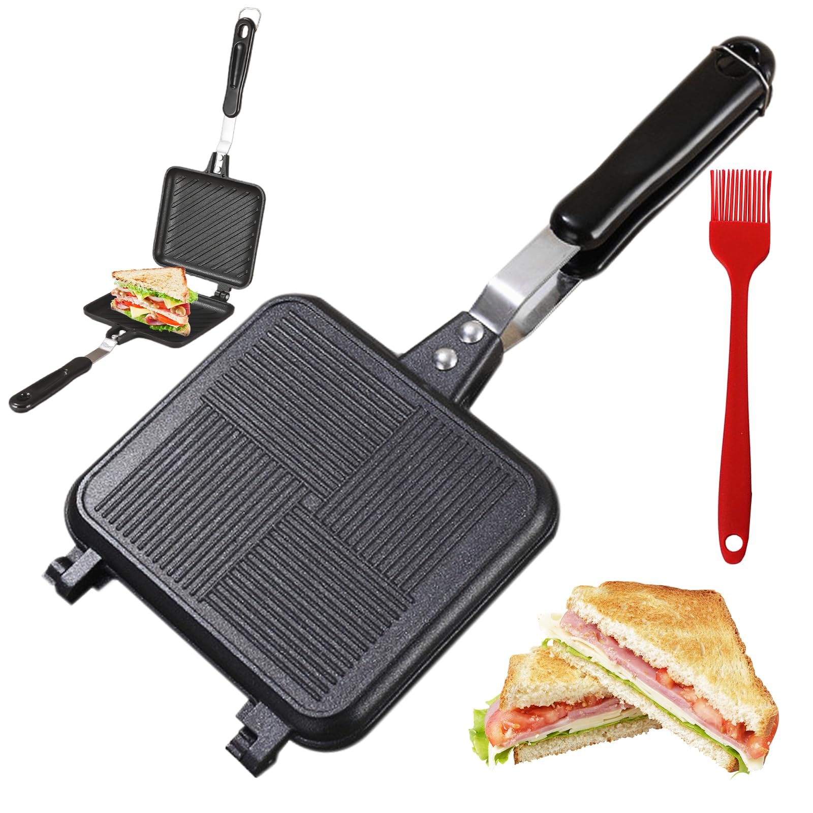 Aluminium Doppelseitige Bratpfanne: Hot Sandwich Maker Pan, Toastpfanne mit Hitzebeständigem Griff, Antihaftbeschichtung Sandwich Panini Maker für Haus, Küche Nicht für Induktionsherd Geeignet