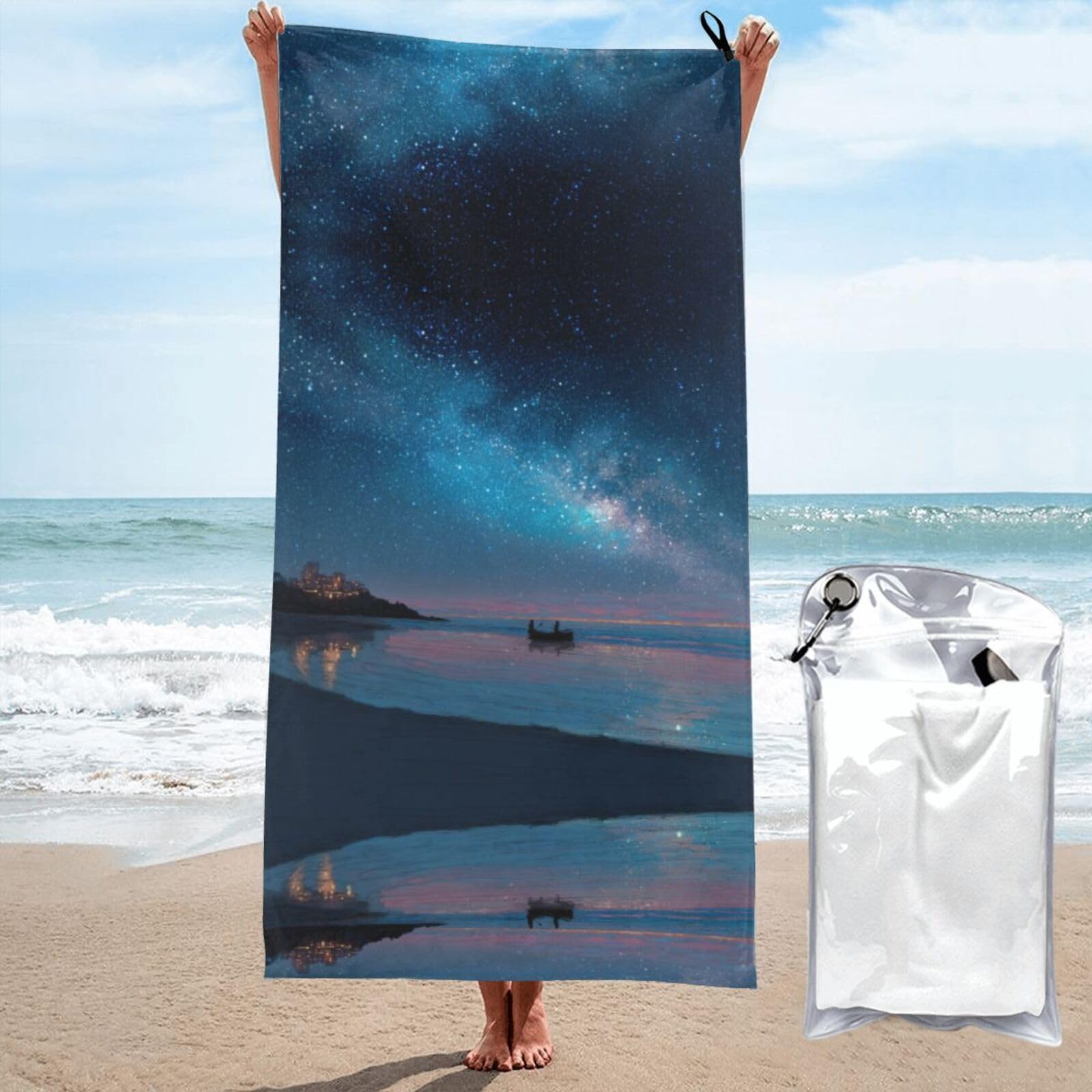 ESNAIUVCD Seaside Starry Sky Print Beach Towel, Microfibre Sauna Towel, Quick-Drying Fitness Towel, Lightweight And Thin Portable Sauna Towel