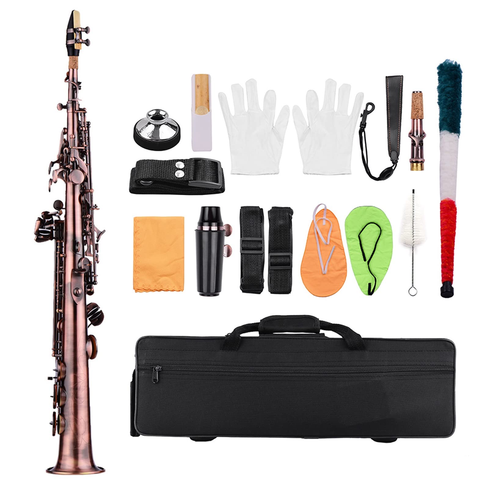 Sax Principianti Kit Professionale Bronzo Rosso Dritto Sassofono Saxophone in SIB Sax Strumento a fiato Modello Intagliato con Custodia Guanti Cinturini in Tessuto Pennello Strumento a fiato