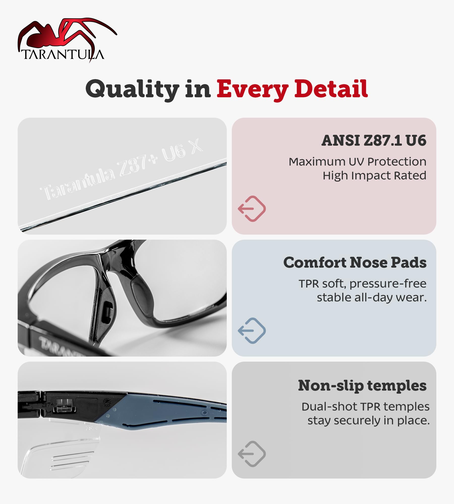 Tarantula Gafas de seguridad Z87 para hombres y mujeres, patillas TPR suaves, lentes transparentes antivaho, bloqueo de luz azul, protectores laterales extraíbles, gafas protectoras ligeras