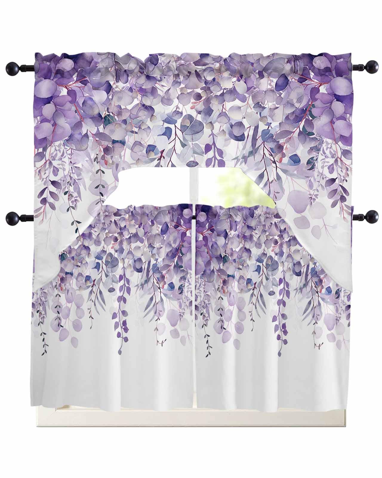 Spring Botanical Swag Curtains Valance and Tier Set, Purple Eucalyptus Leaves Rod Pocket Curtain Drapes for Bedroom Bathroom Over Sink Kitchen Curtains 3 Piece Set Swag Valances and 36 inches Tiers