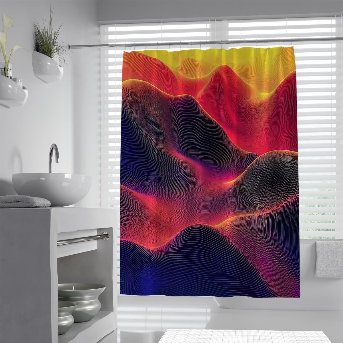 UIRINGART Futuristic Topographic Waves Shower Curtain W160xL200cm Contemporary Abstract 3D Neon Lines Pattern Mildew Resistant Washable Home Hotel Bathroom Screen With Hook