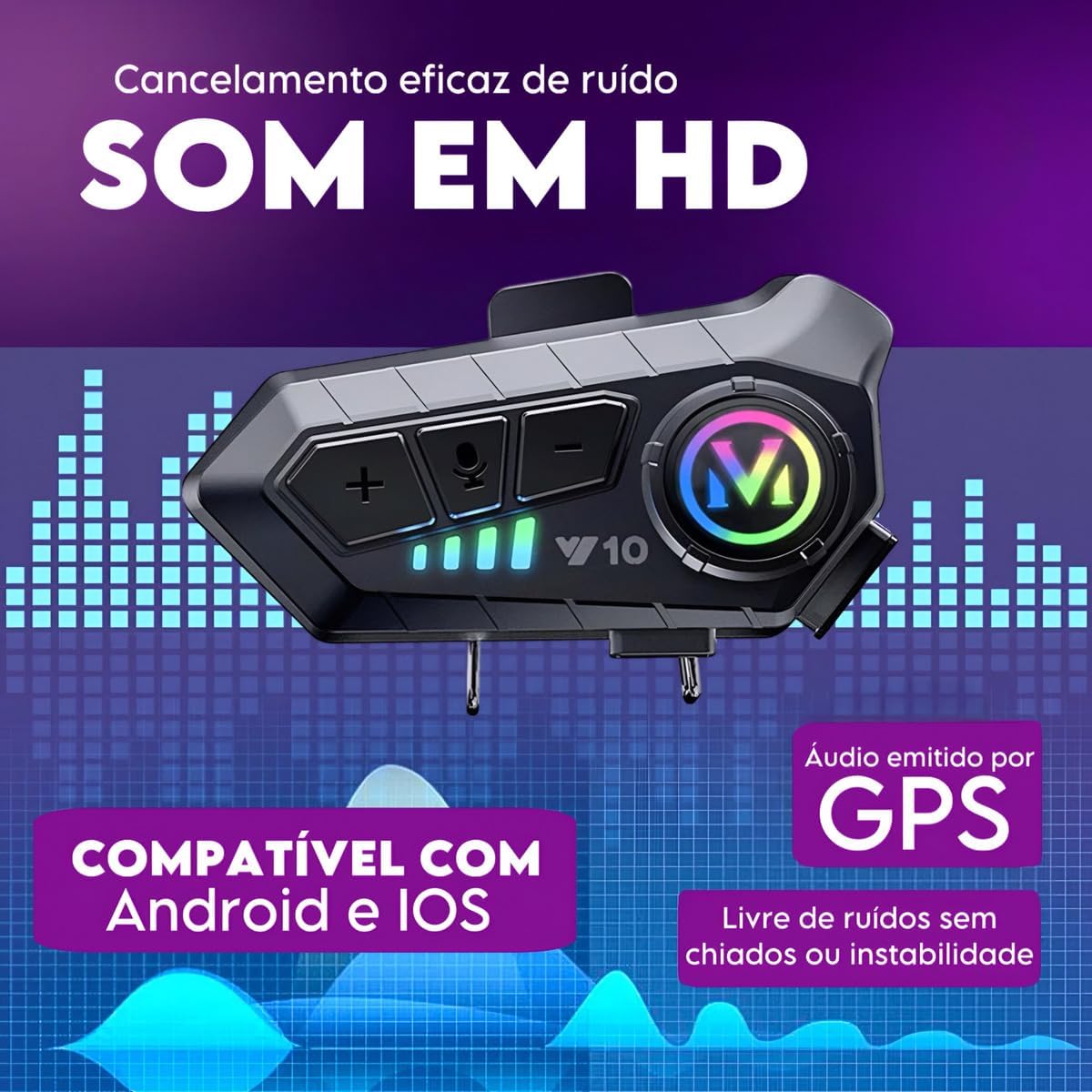 Fone de ouvido em 3D sobre gradiente roxo-azul com gráficos de equalizador/ondas sonoras e uma malha, estilo promocional digital.