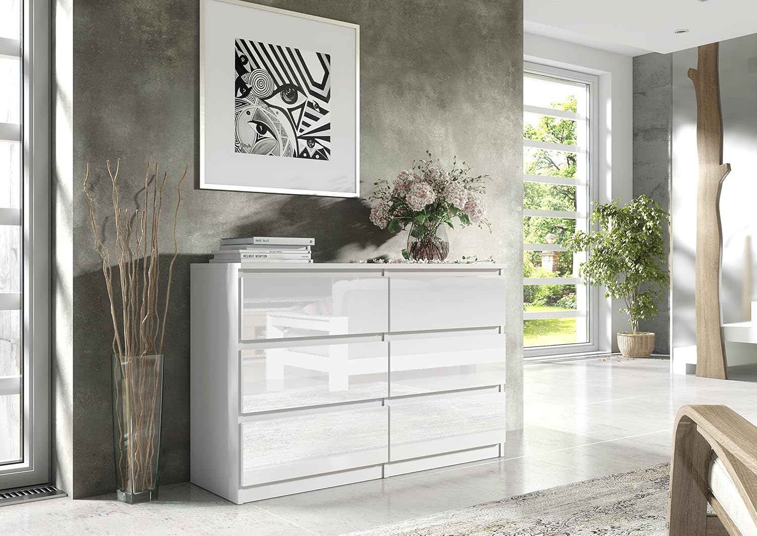 meble masztalerz Komoda Biała z 6 szufladami - Fronty w połysku - 138,5x78,5x39 cm - Komoda do salonu, sypialni - Szafka z szufladami - Komoda z szufladami