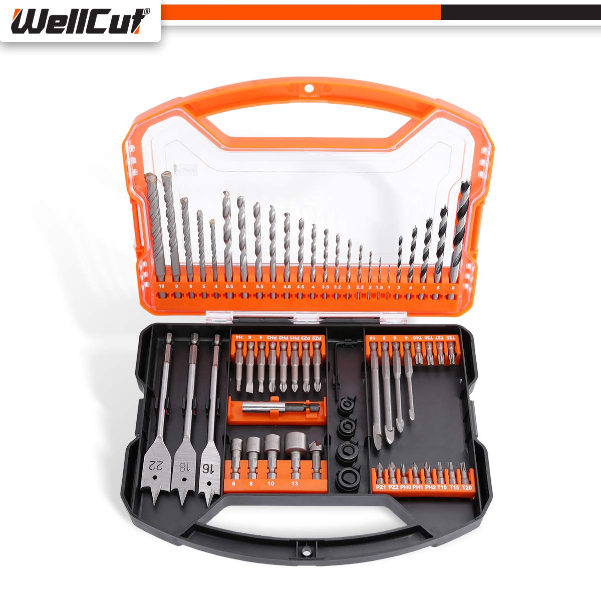 Wellcut - Set di 62 punte per trapano e cacciavite in acciaio HSS, con supporto magnetico