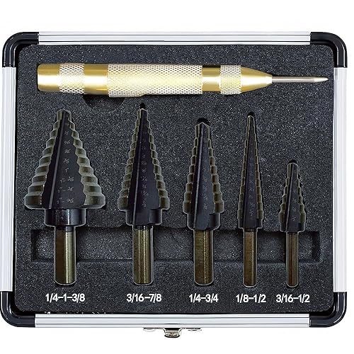 Juego de 5 brocas combinadas con punzón central automático, juego de brocas de acero recubierto de titanio de alta velocidad (total 50 tamaños),