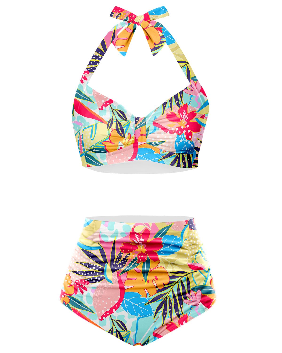 Holipick Women's High Waisted Halter Bikini Set Tummy Control Colorful Floral Large