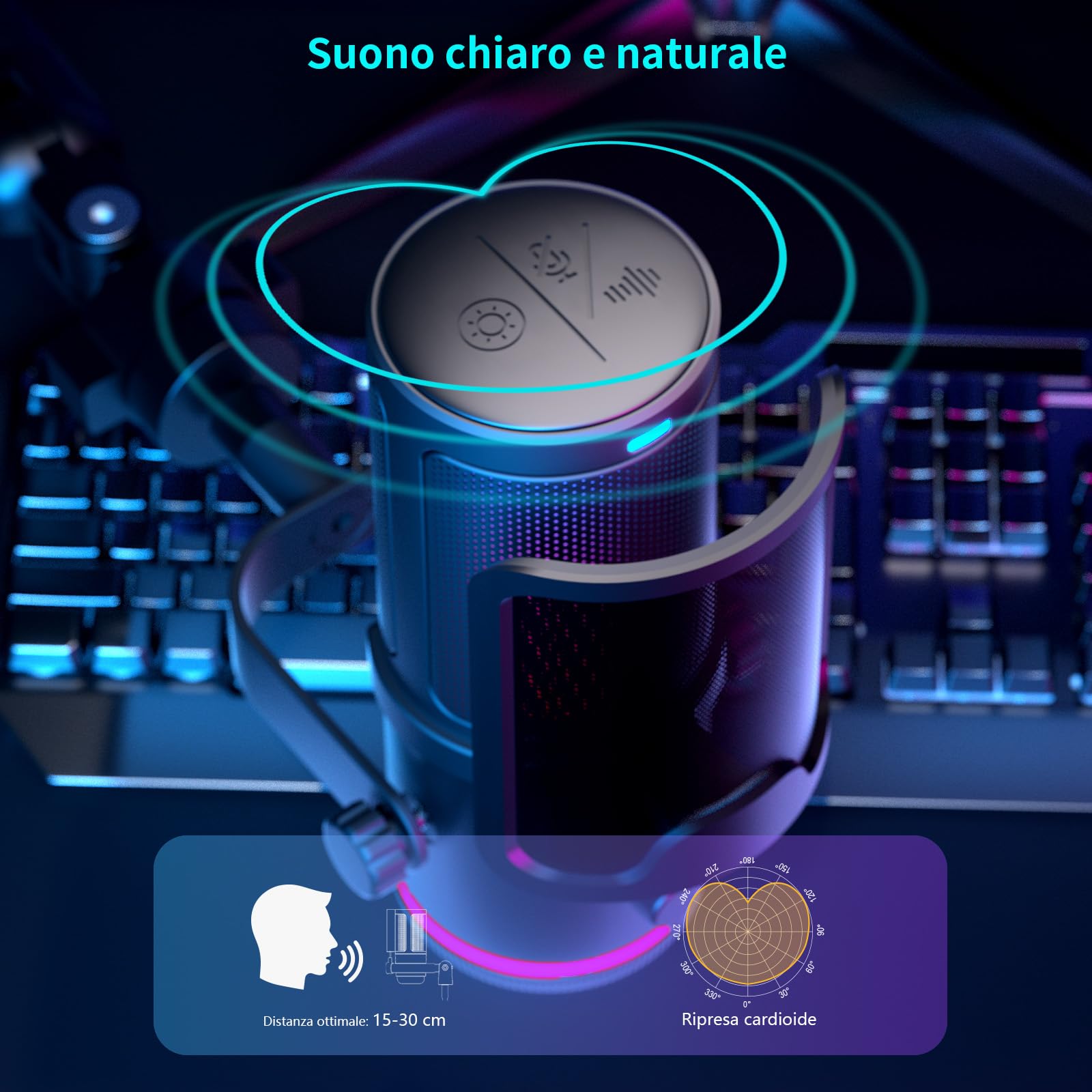 K KASONIC Microfono RGB per Gaming con Braccio a Snodo, Microfono Condensatore per Home Studio per PC, Microfono USB 24bit 192kHz per Registrazione Podcast, Kit Microfono per Streaming