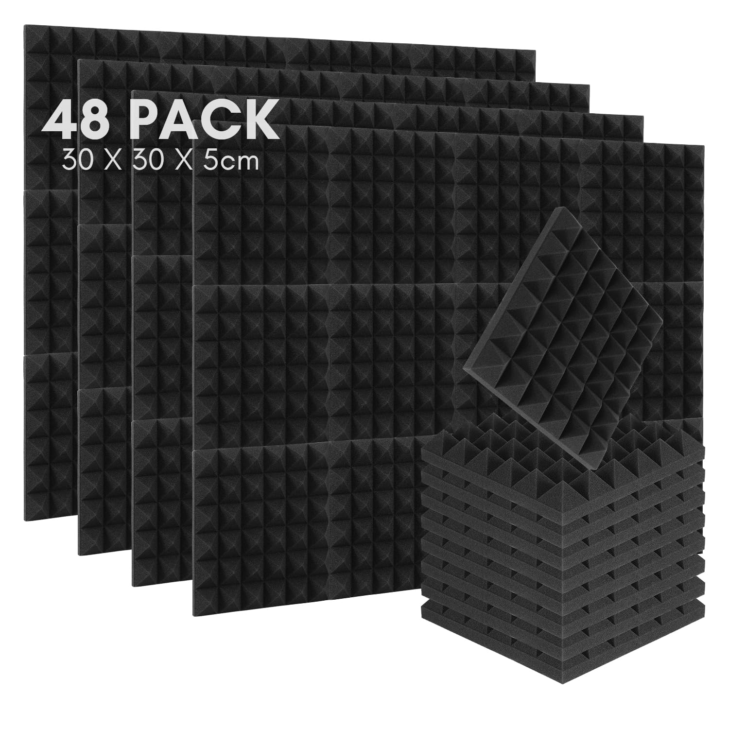 48 Pezzi Pannello Acustico Fonoassorbente Piramidale,Fonoassorbente con Adesivi, Fonoassorbenti ad alta densità, per pareti, soffitti, Insonorizzazione,Uffici 30 x 30 x 5 cm