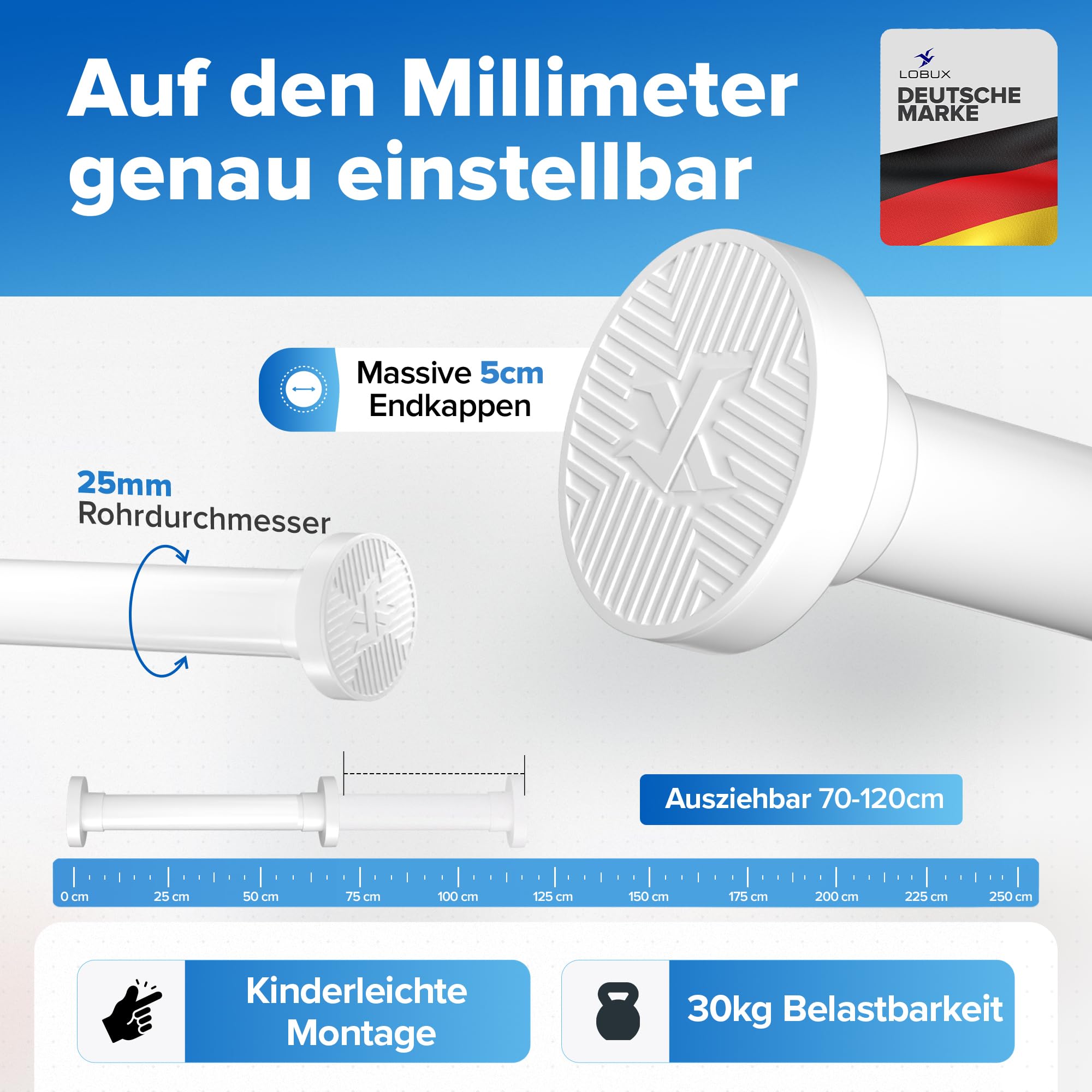 Gardinenstange ohne bohren [weiß, 70-120cm] – Ø 25mm - Teleskopstange zum Klemmen – Duschvorhangstange ohne bohren – Vorhangstange, Duschstange, Klemmstange für Gardinen, Kleiderstange, Katzennetz