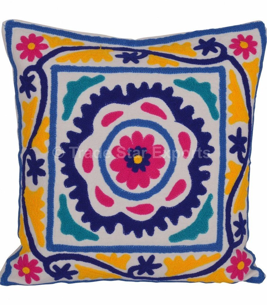 Trade Star Suzani Floral Embroidery Indian Pillow Vintage Cotton 16" Throw Cushion Cover