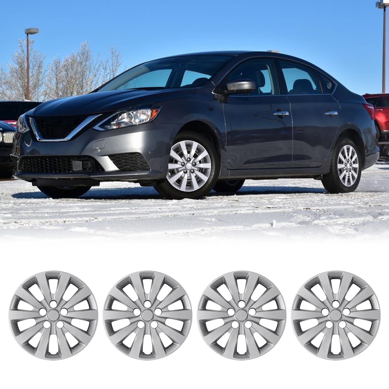 Winjet 16" Hubcaps for 2013-2019 Nissan Sentra &amp; 2011-2017 Nissan Leaf Wheel Rim Covers, [Only Fit Iron Hub &amp; Steel Wheel] Heavy Duty PP Material Snap On Installation (16 Inch Set of 4, Lacquer)