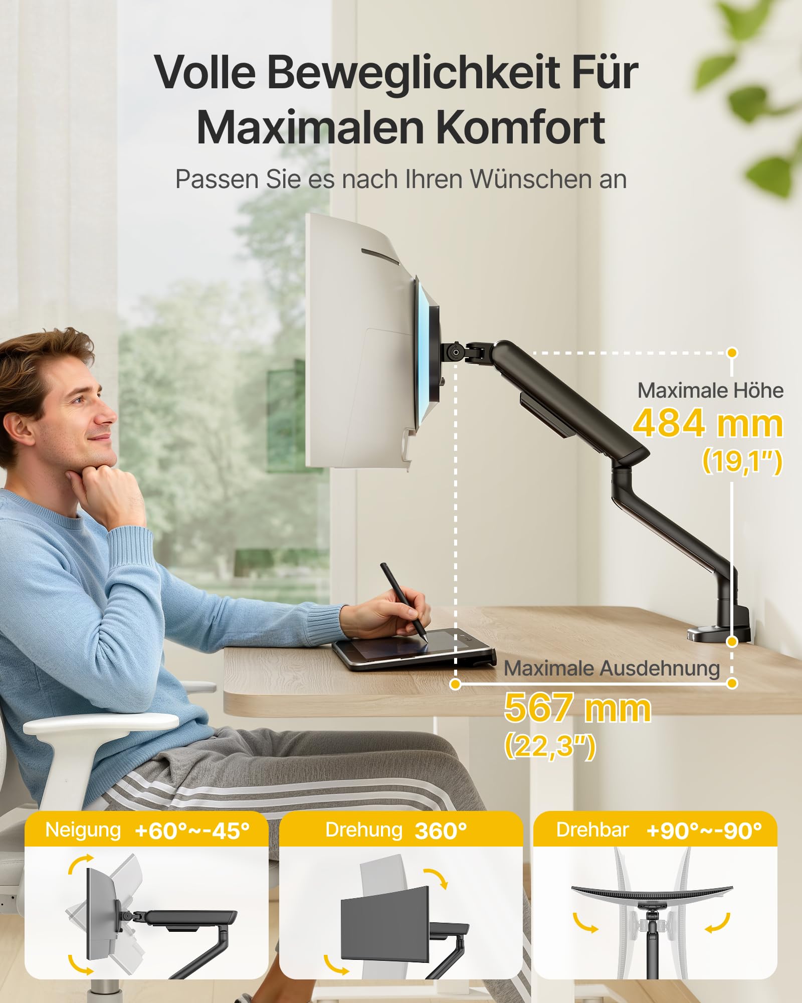 monTEK Brazo Monitor con USB, Pantallas Ultrawide 17 a 40 Pulgadas, Negro | Resorte Mecánico, Resistente hasta 12kg, VESA 75/100mm, Ajustable con Montaje de Pinza y Ojal