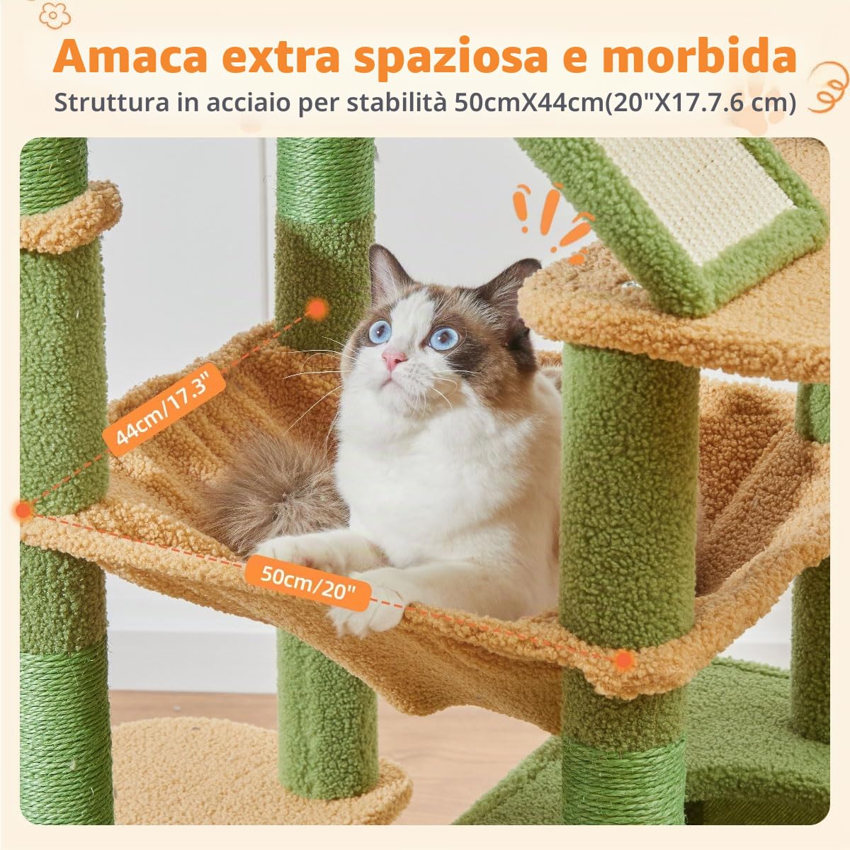 Taoqimiao Tiragraffi per Gatti, 180cm Stabile Tiragraffi per Gatti Adulti xxl con 2 Grotte,1 Amaca, 1 Cestini, 8 Pali Graffiatoi, 2 piattaforme, Materiale di Flanella Morbida, Verde MSC026L