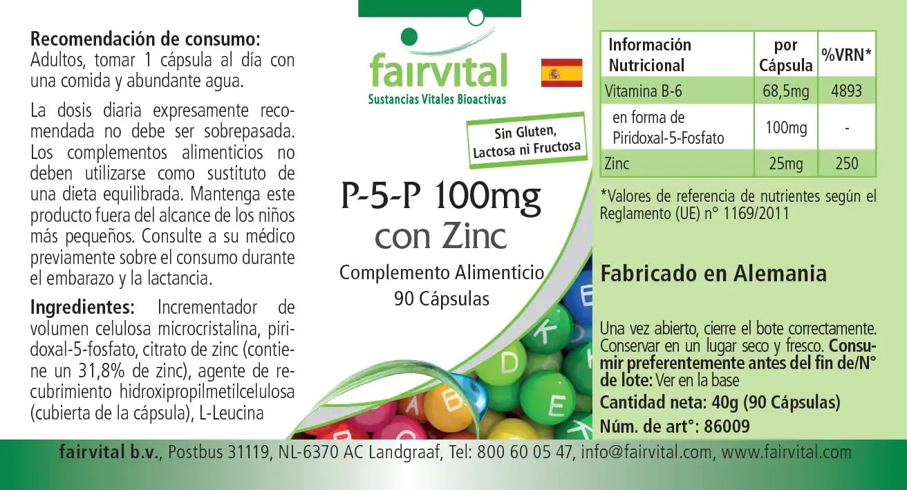 fairvital Pyridoxal-5-phosphate 100mg, 270 gélules (90x3), vitamine B6 active P-5-P avec du zinc, HAUTEMENT DOSÉE & VÉGÉTALIENNE